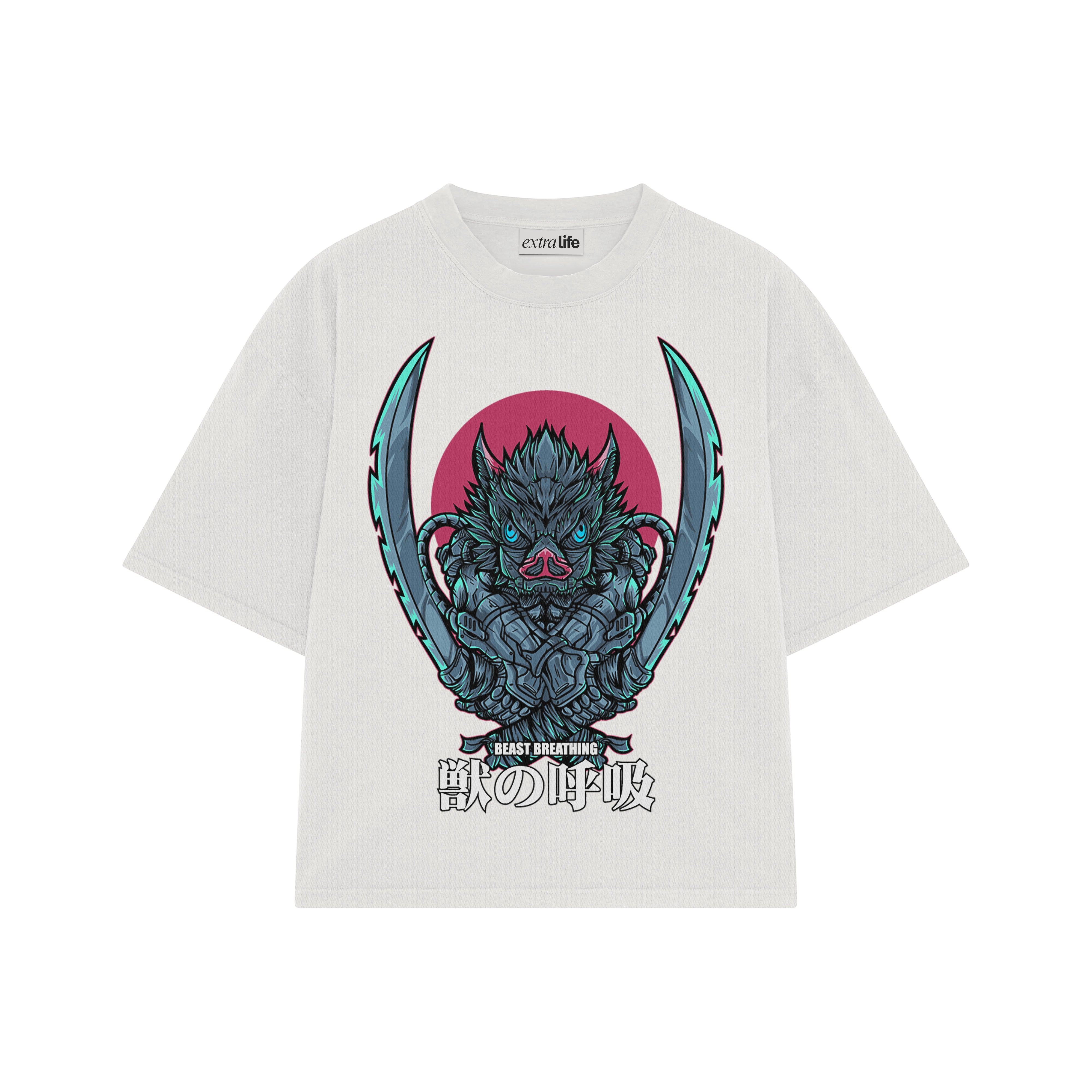 Playera streetwear premium de anime y gaming ExtraLife MX, corte boxy oversized drop shoulder heavyweight en color Deep Black y Off-White, moda urbana mexicana de culto.