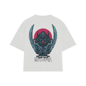 Playera streetwear premium de anime y gaming ExtraLife MX, corte boxy oversized drop shoulder heavyweight en color Deep Black y Off-White, moda urbana mexicana de culto.