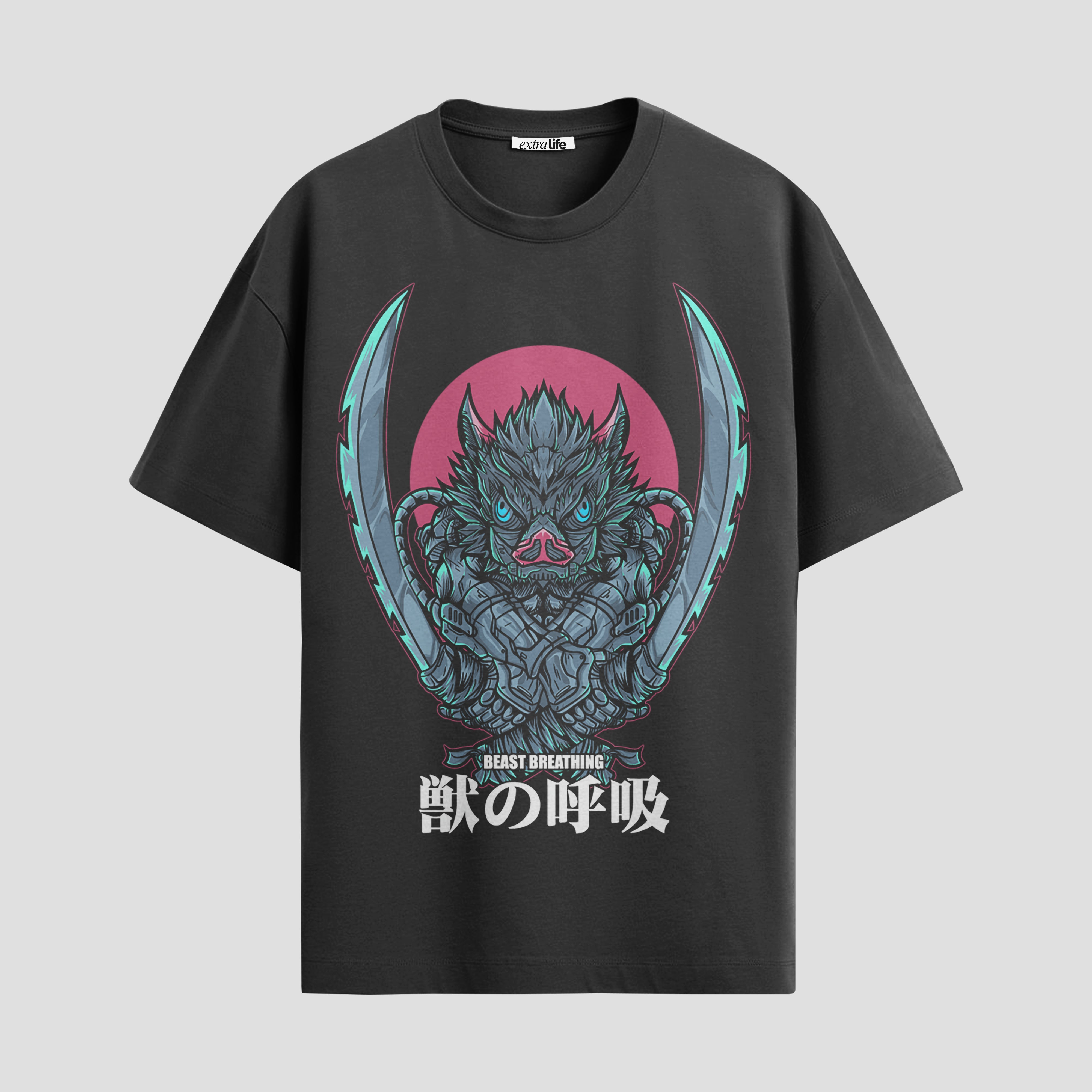 Playera urbana de anime y gaming ExtraLife MX, corte Standard Fit unisex ligero y transpirable en color Deep Black y Pure White, ropa de uso diario para gym y casual.