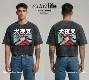 Playera streetwear premium de anime y gaming ExtraLife MX, corte boxy deluxe mineral wash heavyweight en color Acid Wash, moda urbana mexicana de culto.
