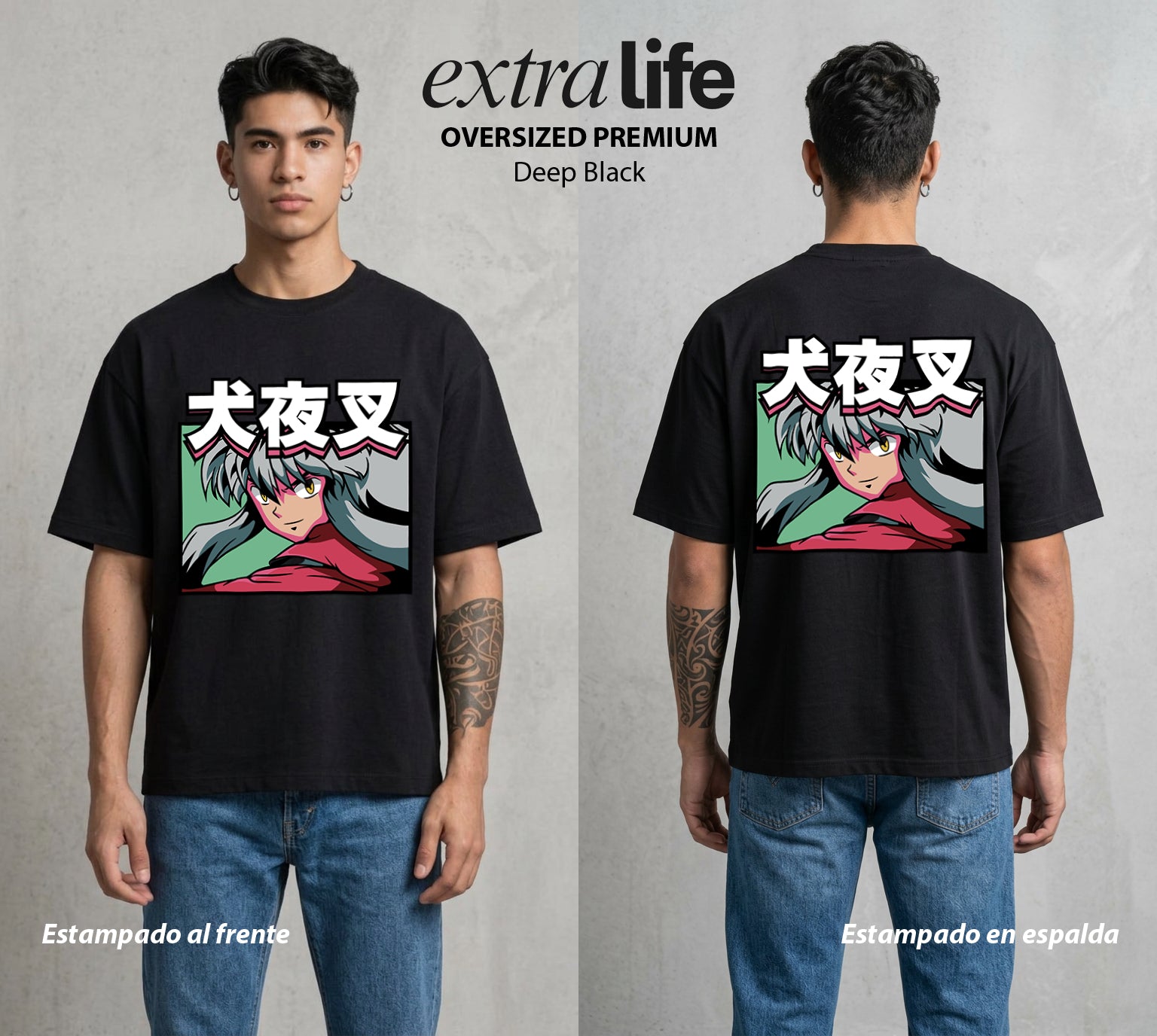 El Medio Demonio | La Tessaiga del Bien #01733 - Playera Oversized Premium | Deep Black - Foto en modelo