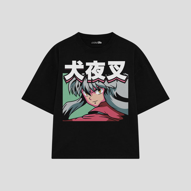 Playera streetwear premium de anime y gaming ExtraLife MX, corte boxy oversized drop shoulder heavyweight en color Deep Black y Off-White, moda urbana mexicana de culto.