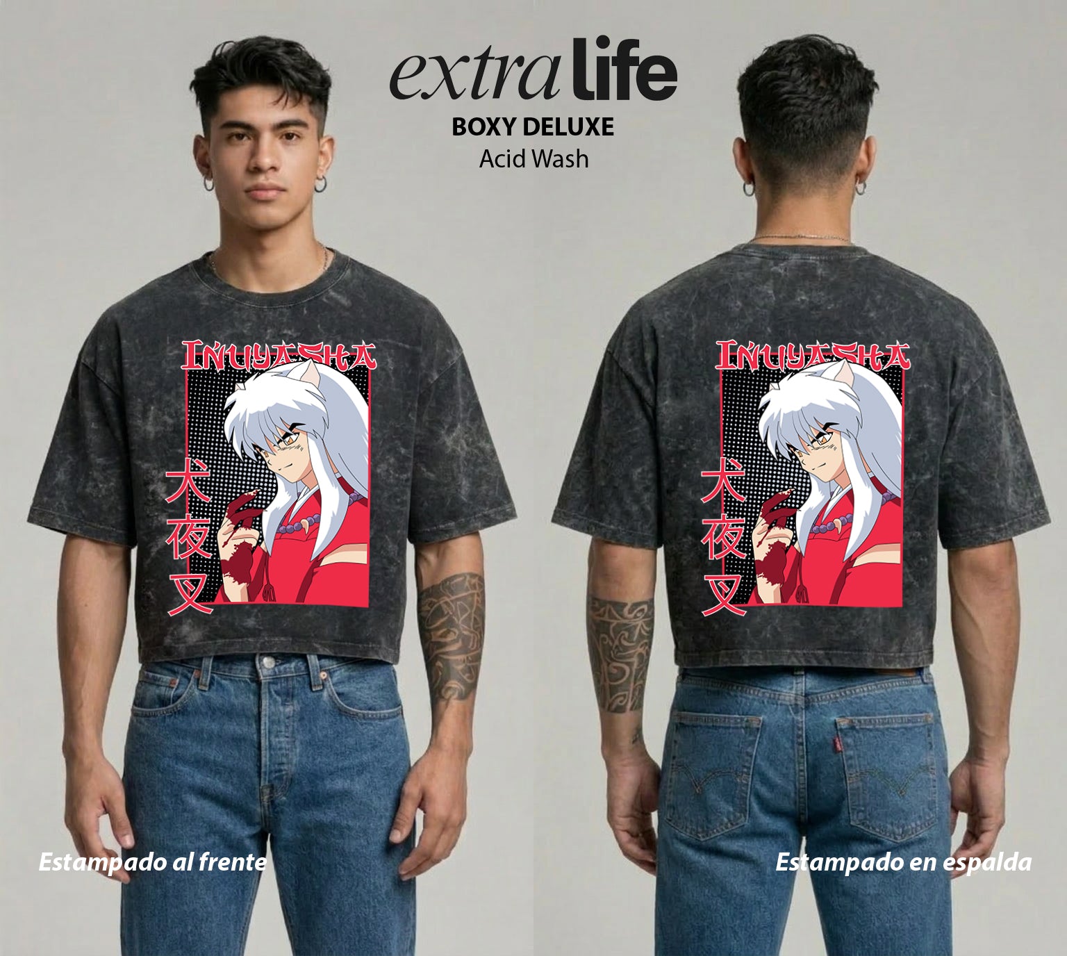 Playera streetwear premium de anime y gaming ExtraLife MX, corte boxy deluxe mineral wash heavyweight en color Acid Wash, moda urbana mexicana de culto.