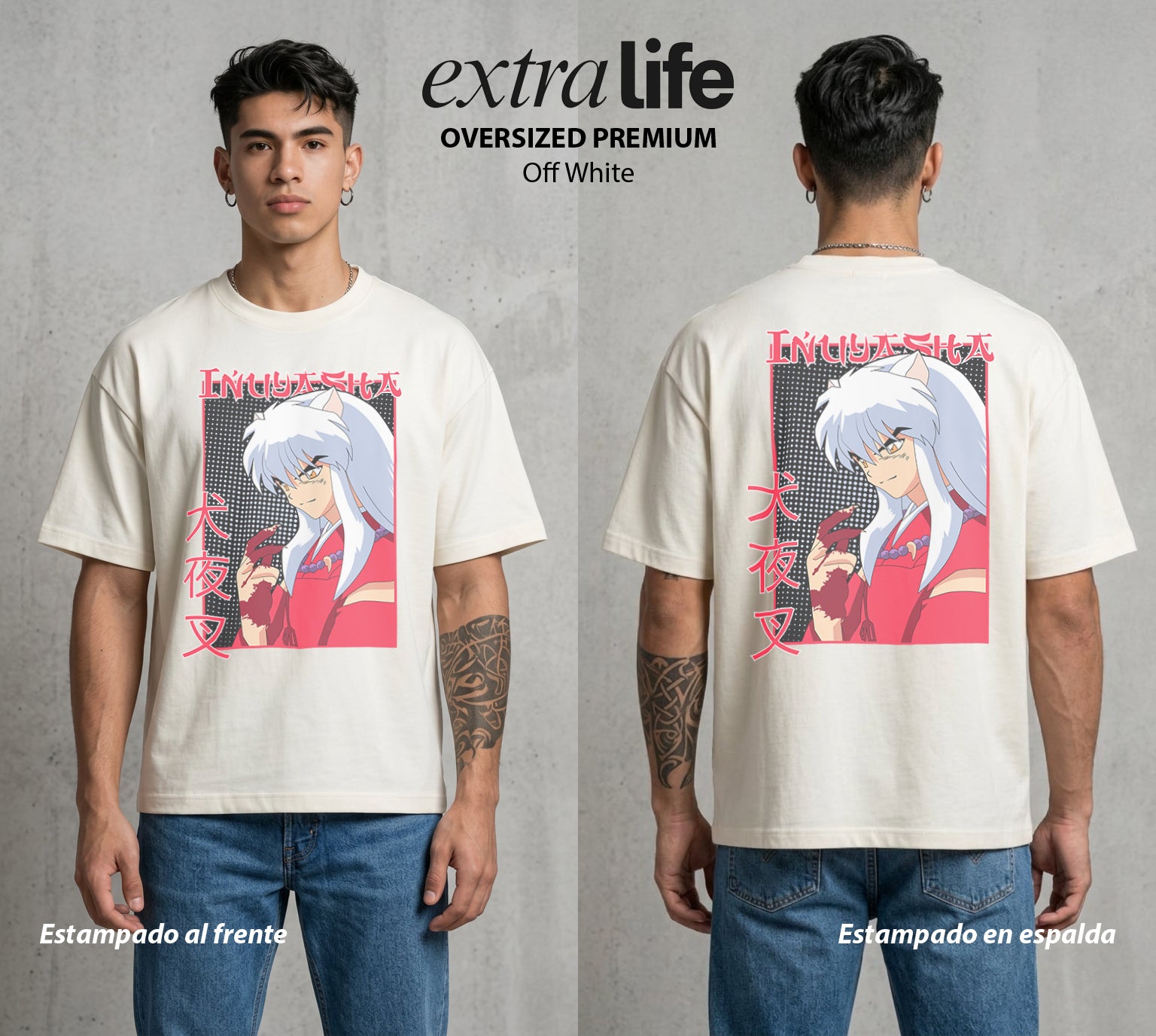 El Medio Demonio | El Demonio Desatado #01734 - Playera Oversized Premium | Off White - Foto en modelo
