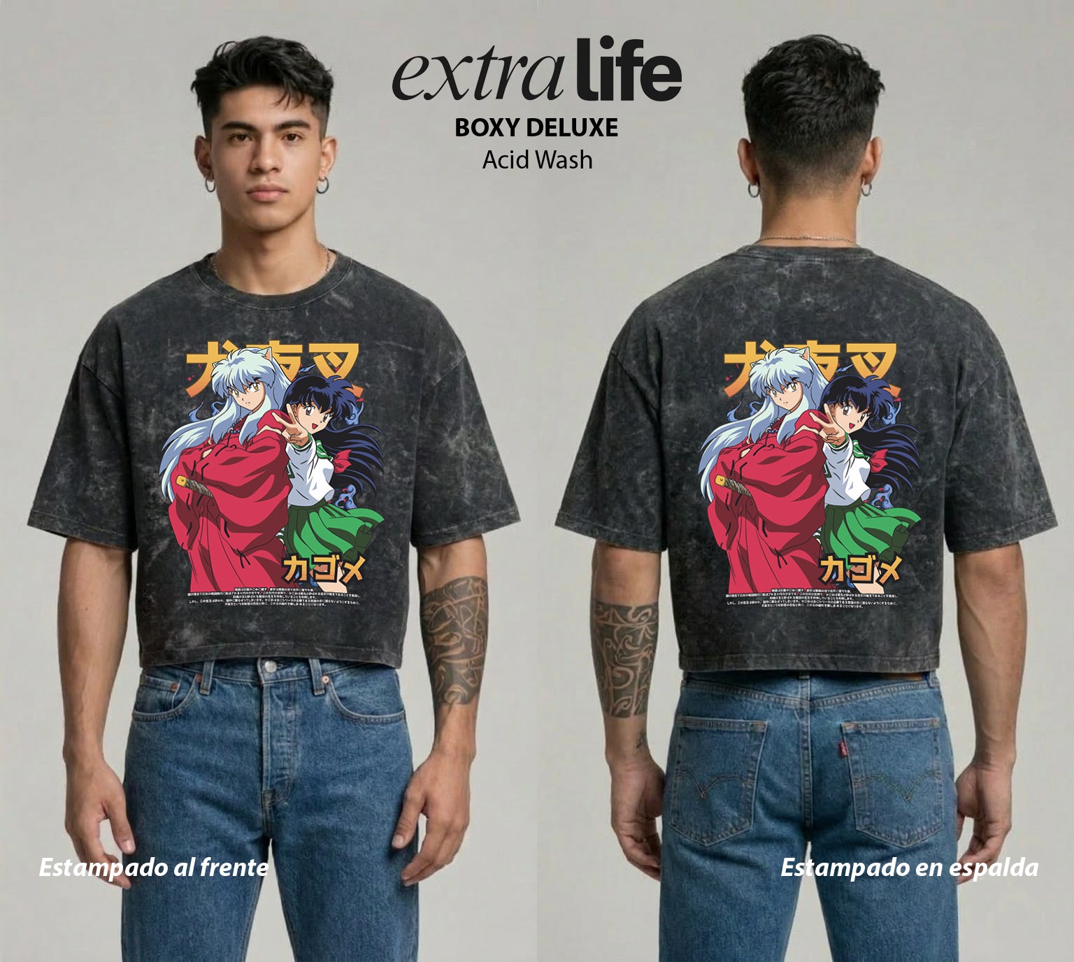 Playera streetwear premium de anime y gaming ExtraLife MX, corte boxy deluxe mineral wash heavyweight en color Acid Wash, moda urbana mexicana de culto.