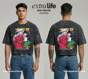 Playera streetwear premium de anime y gaming ExtraLife MX, corte boxy deluxe mineral wash heavyweight en color Acid Wash, moda urbana mexicana de culto.