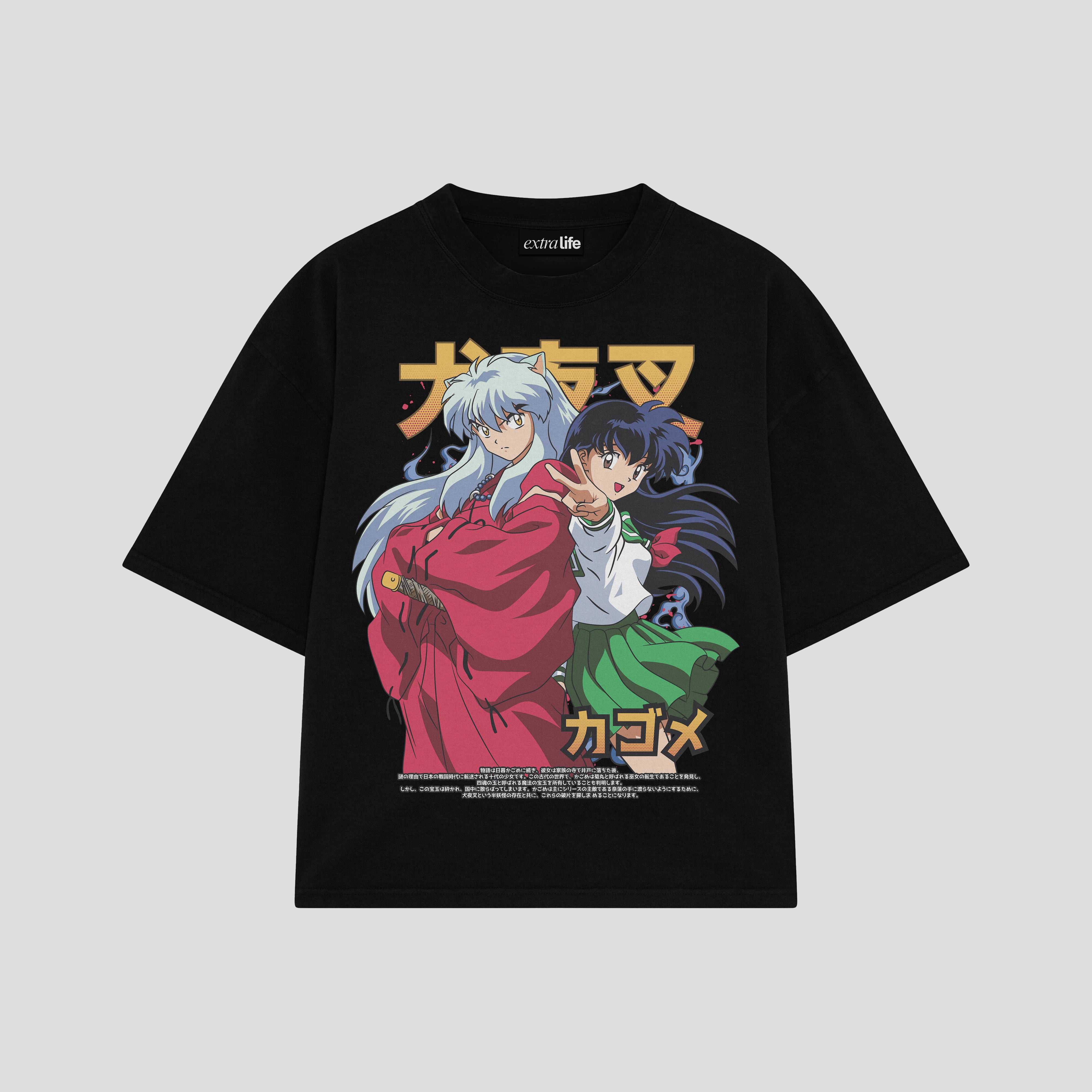 Playera streetwear premium de anime y gaming ExtraLife MX, corte boxy oversized drop shoulder heavyweight en color Deep Black y Off-White, moda urbana mexicana de culto.