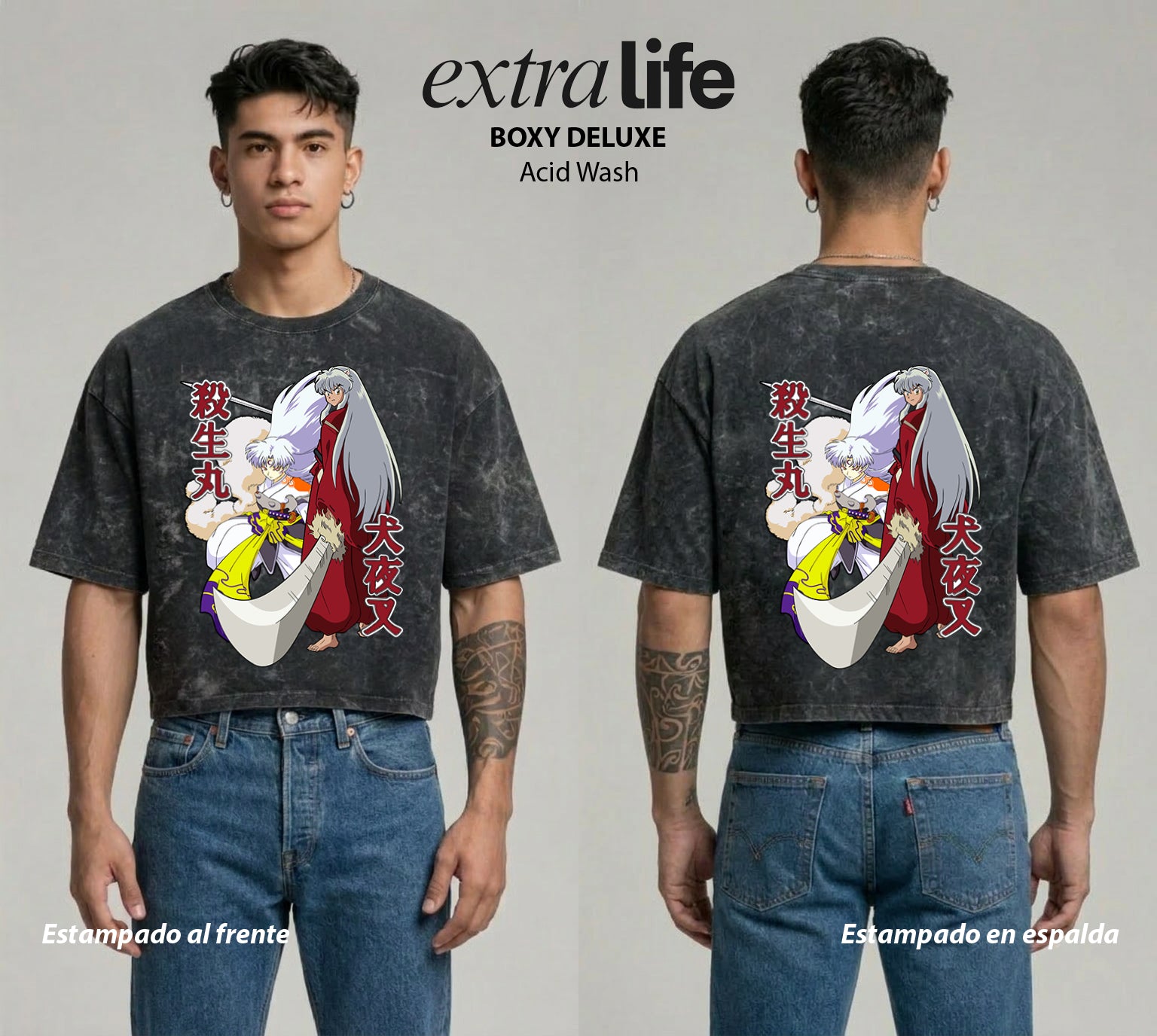 Playera streetwear premium de anime y gaming ExtraLife MX, corte boxy deluxe mineral wash heavyweight en color Acid Wash, moda urbana mexicana de culto.