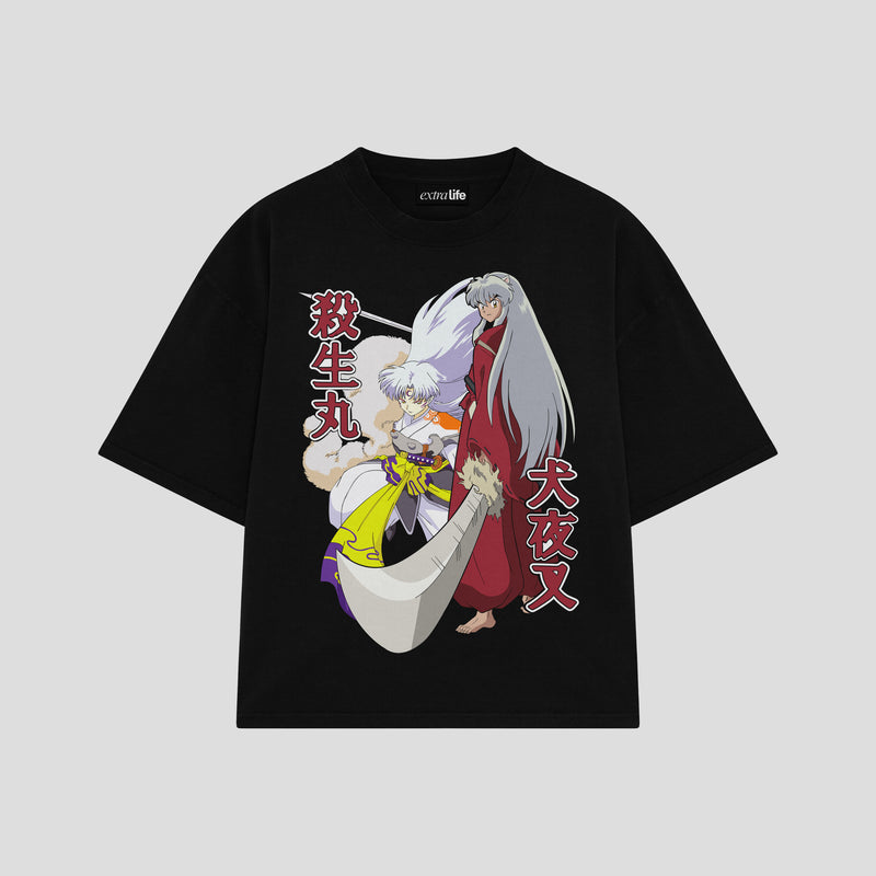 Playera streetwear premium de anime y gaming ExtraLife MX, corte boxy oversized drop shoulder heavyweight en color Deep Black y Off-White, moda urbana mexicana de culto.