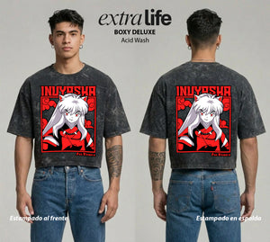 Playera streetwear premium de anime y gaming ExtraLife MX, corte boxy deluxe mineral wash heavyweight en color Acid Wash, moda urbana mexicana de culto.