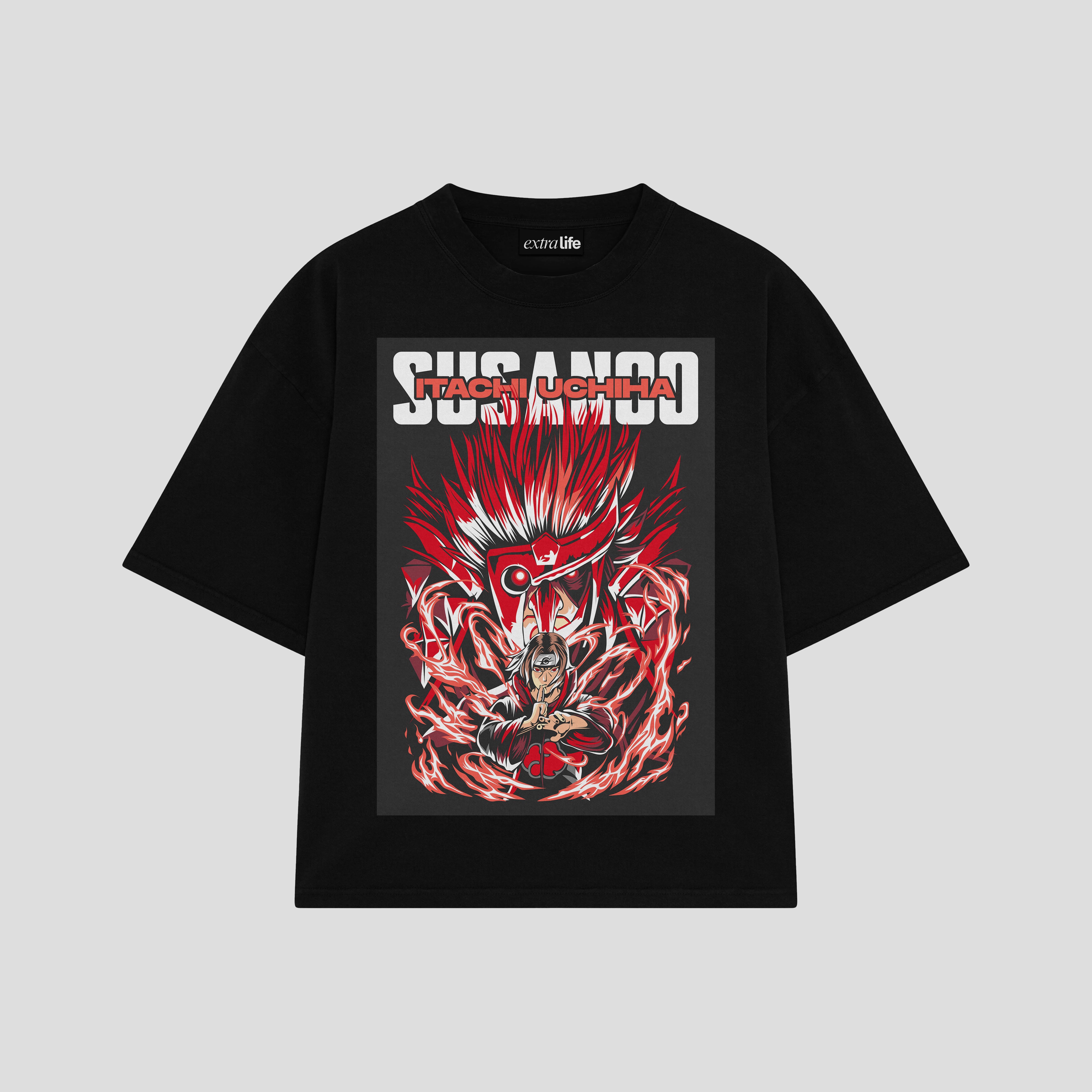 Playera streetwear premium de anime y gaming ExtraLife MX, corte boxy oversized drop shoulder heavyweight en color Deep Black y Off-White, moda urbana mexicana de culto.