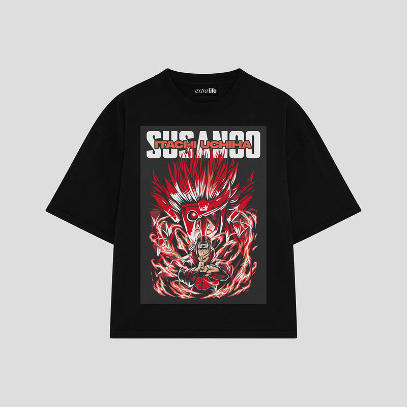 Playera streetwear premium de anime y gaming ExtraLife MX, corte boxy oversized drop shoulder heavyweight en color Deep Black y Off-White, moda urbana mexicana de culto.