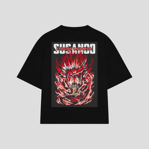 Playera streetwear premium de anime y gaming ExtraLife MX, corte boxy oversized drop shoulder heavyweight en color Deep Black y Off-White, moda urbana mexicana de culto.