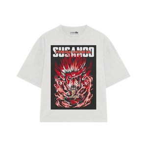 Playera streetwear premium de anime y gaming ExtraLife MX, corte boxy oversized drop shoulder heavyweight en color Deep Black y Off-White, moda urbana mexicana de culto.