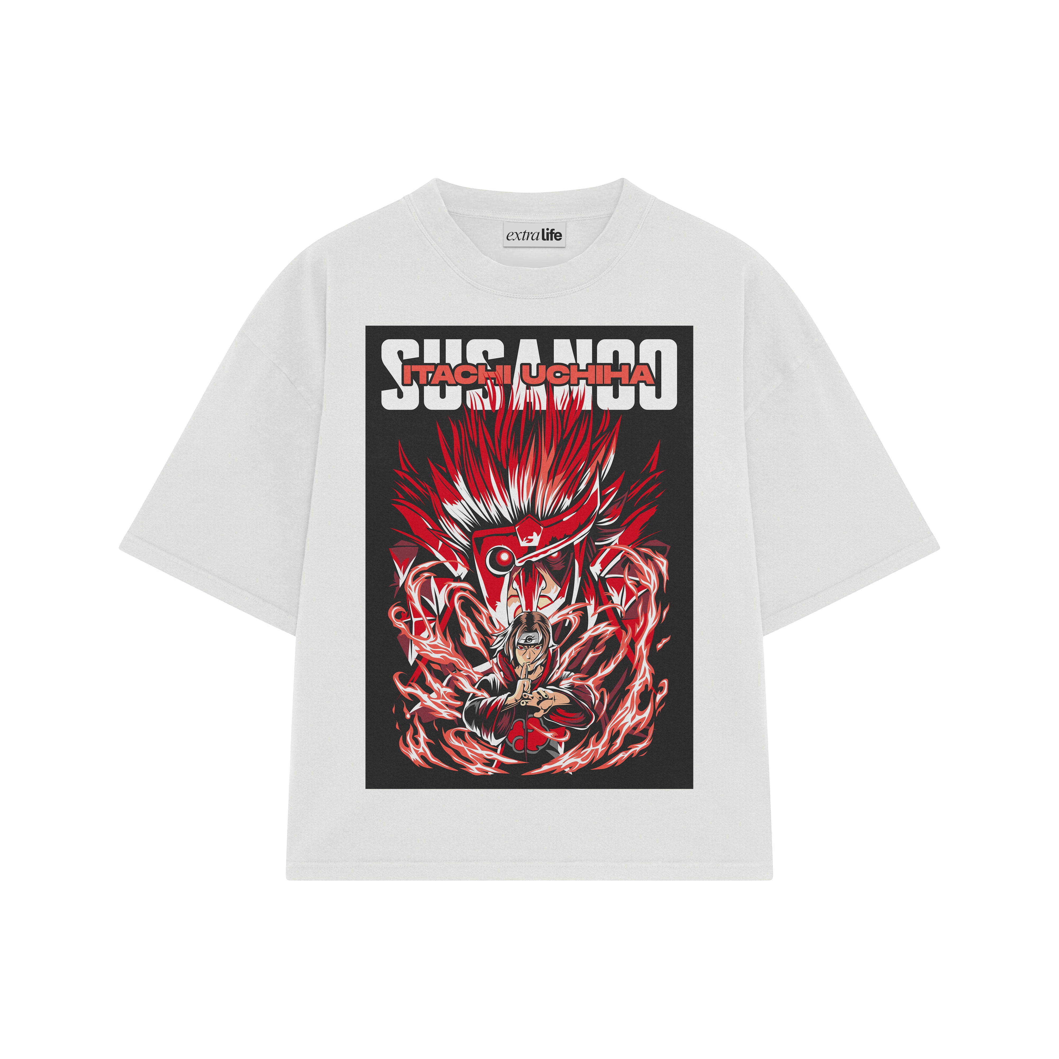 Playera streetwear premium de anime y gaming ExtraLife MX, corte boxy oversized drop shoulder heavyweight en color Deep Black y Off-White, moda urbana mexicana de culto.