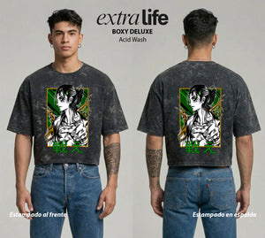 Playera streetwear premium de anime y gaming ExtraLife MX, corte boxy deluxe mineral wash heavyweight en color Acid Wash, moda urbana mexicana de culto.