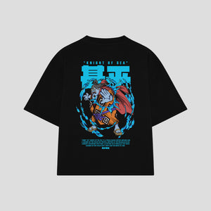 Playera streetwear premium de anime y gaming ExtraLife MX, corte boxy oversized drop shoulder heavyweight en color Deep Black y Off-White, moda urbana mexicana de culto.