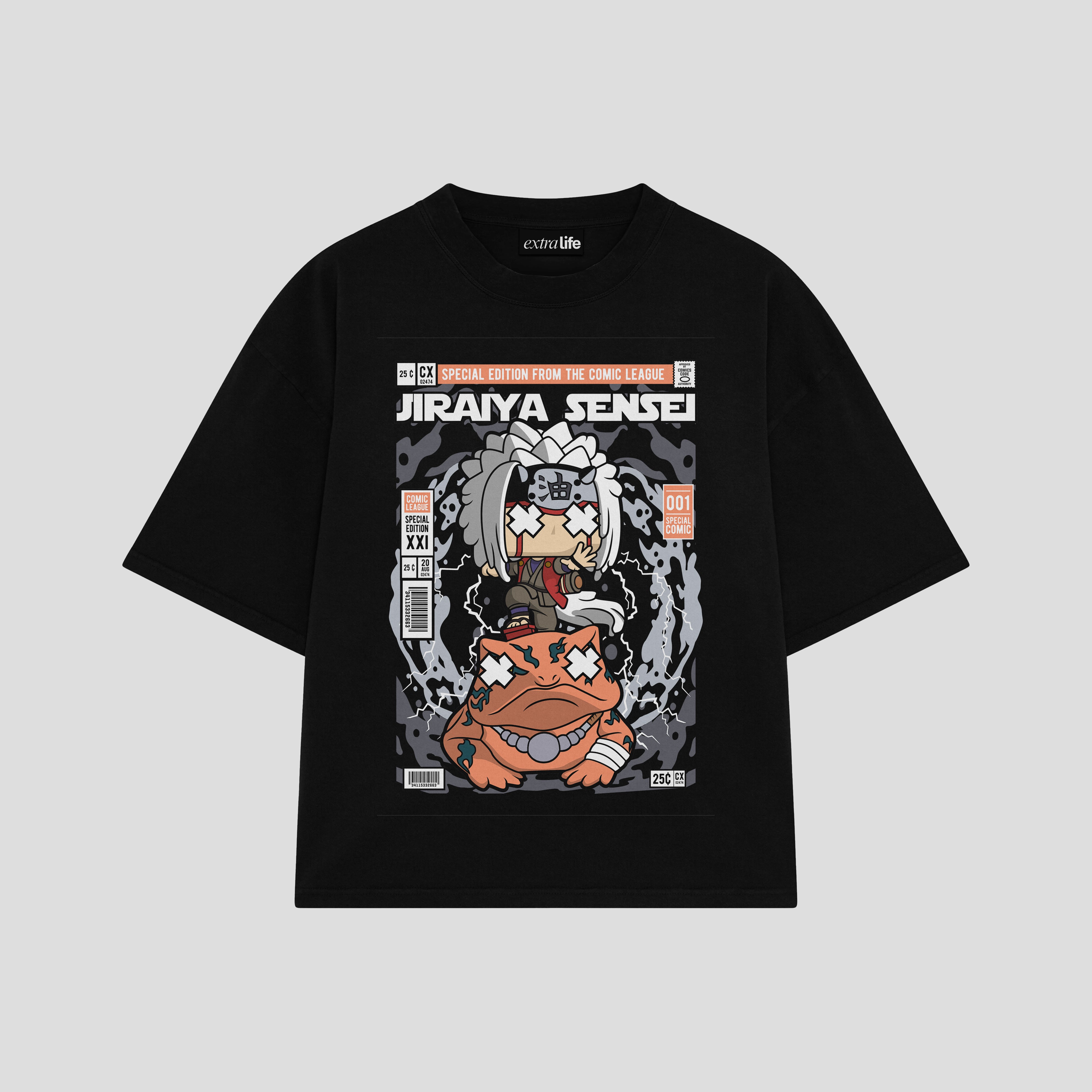 Playera streetwear premium de anime y gaming ExtraLife MX, corte boxy oversized drop shoulder heavyweight en color Deep Black y Off-White, moda urbana mexicana de culto.
