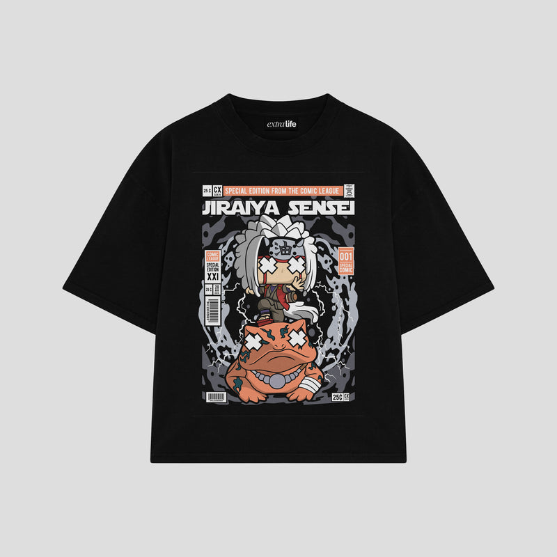 Playera streetwear premium de anime y gaming ExtraLife MX, corte boxy oversized drop shoulder heavyweight en color Deep Black y Off-White, moda urbana mexicana de culto.