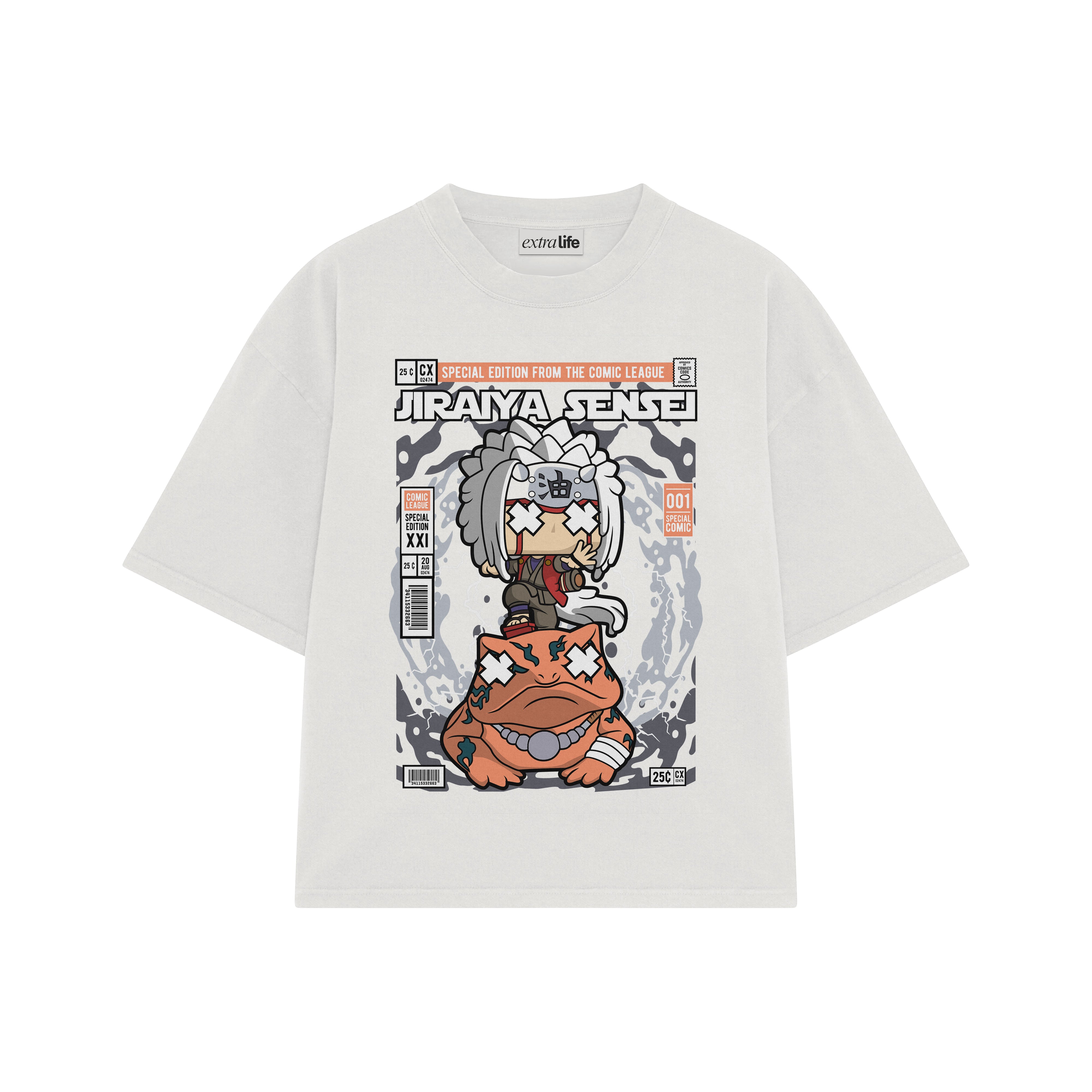 Playera streetwear premium de anime y gaming ExtraLife MX, corte boxy oversized drop shoulder heavyweight en color Deep Black y Off-White, moda urbana mexicana de culto.