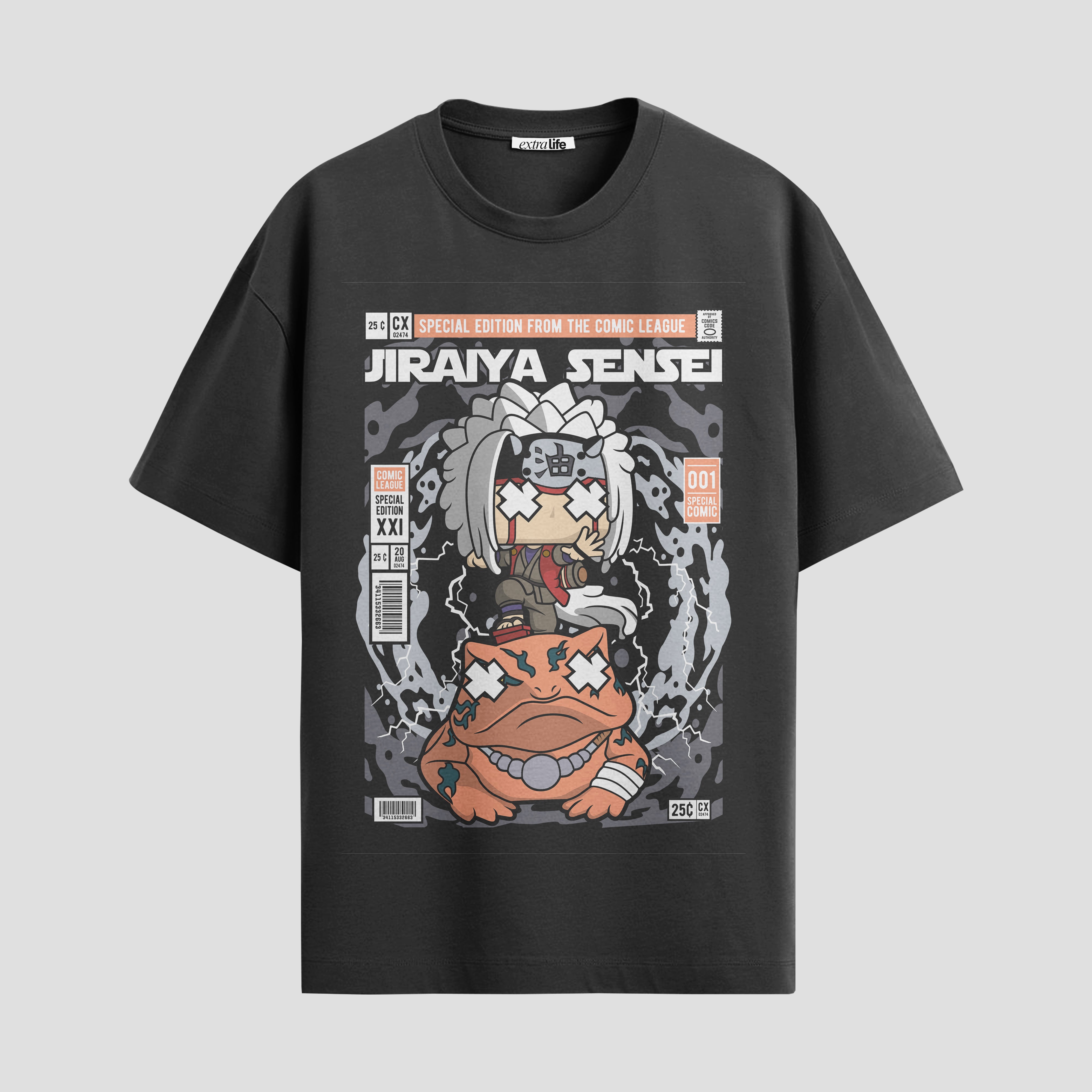 Playera urbana de anime y gaming ExtraLife MX, corte Standard Fit unisex ligero y transpirable en color Deep Black y Pure White, ropa de uso diario para gym y casual.