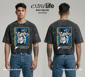 Playera streetwear premium de anime y gaming ExtraLife MX, corte boxy deluxe mineral wash heavyweight en color Acid Wash, moda urbana mexicana de culto.