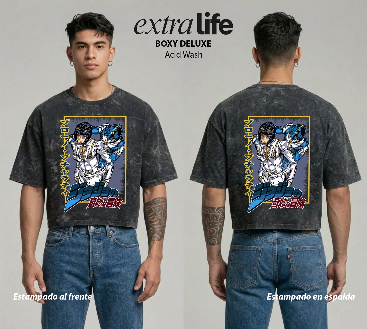 Playera streetwear premium de anime y gaming ExtraLife MX, corte boxy deluxe mineral wash heavyweight en color Acid Wash, moda urbana mexicana de culto.
