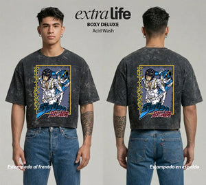 Playera streetwear premium de anime y gaming ExtraLife MX, corte boxy deluxe mineral wash heavyweight en color Acid Wash, moda urbana mexicana de culto.