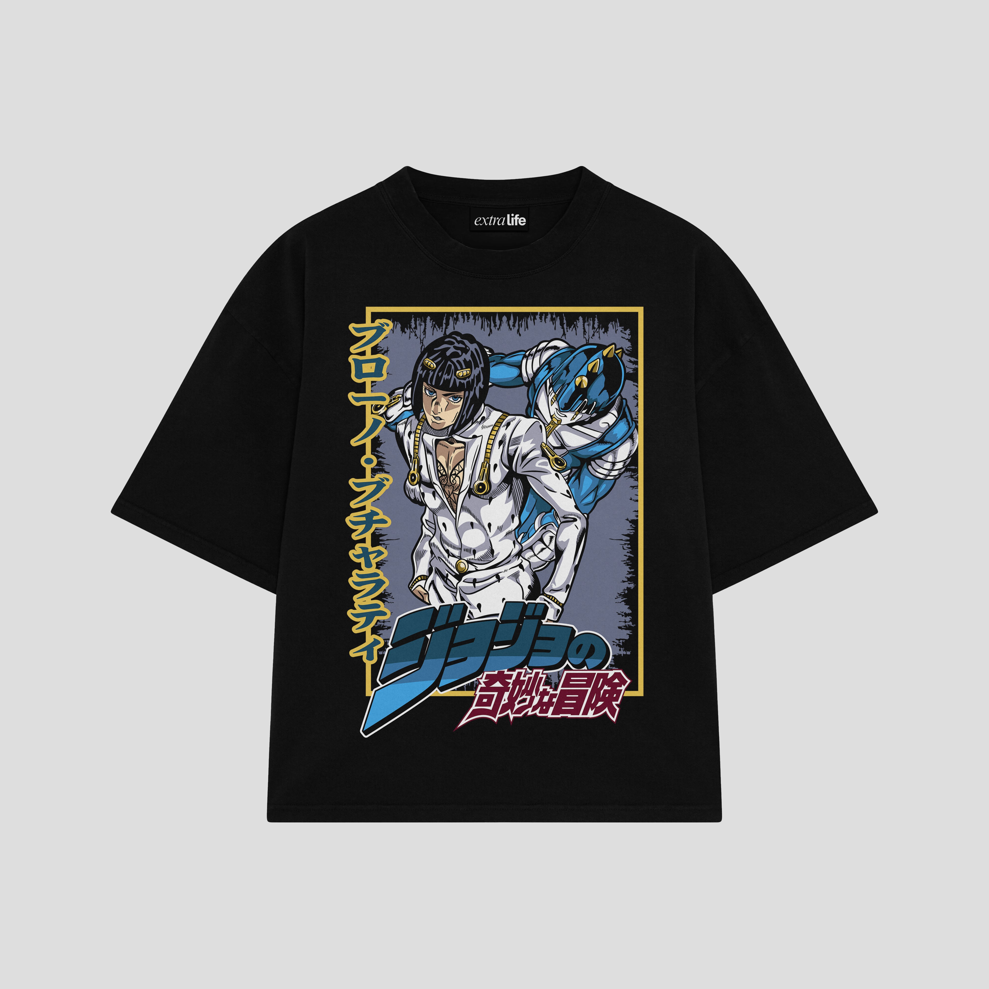 Playera streetwear premium de anime y gaming ExtraLife MX, corte boxy oversized drop shoulder heavyweight en color Deep Black y Off-White, moda urbana mexicana de culto.