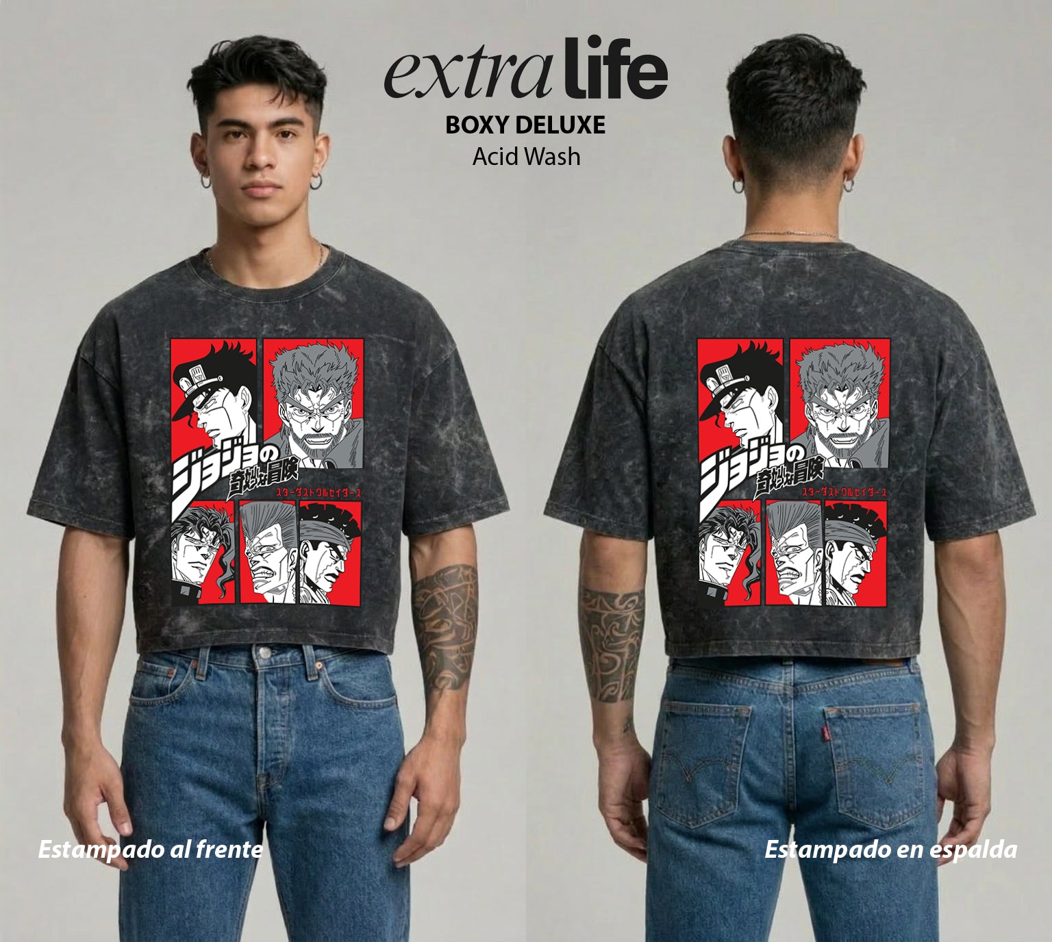 Playera streetwear premium de anime y gaming ExtraLife MX, corte boxy deluxe mineral wash heavyweight en color Acid Wash, moda urbana mexicana de culto.
