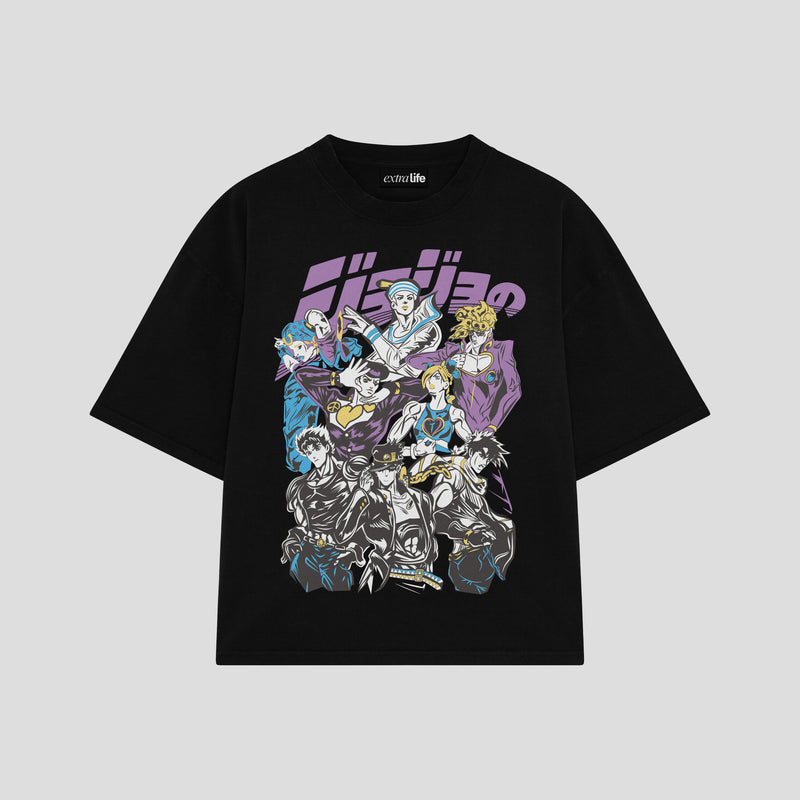 Playera streetwear premium de anime y gaming ExtraLife MX, corte boxy oversized drop shoulder heavyweight en color Deep Black y Off-White, moda urbana mexicana de culto.