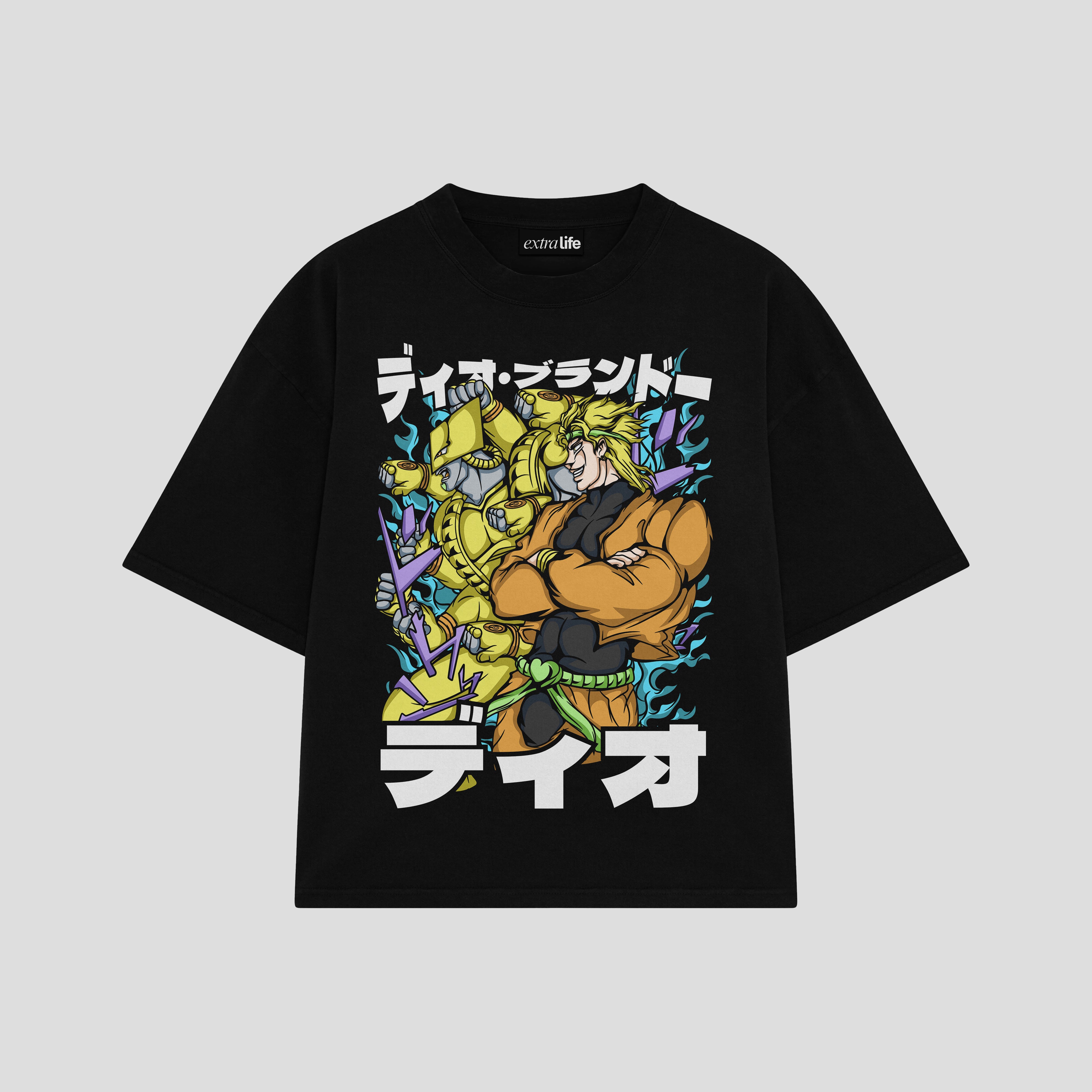 Playera streetwear premium de anime y gaming ExtraLife MX, corte boxy oversized drop shoulder heavyweight en color Deep Black y Off-White, moda urbana mexicana de culto.
