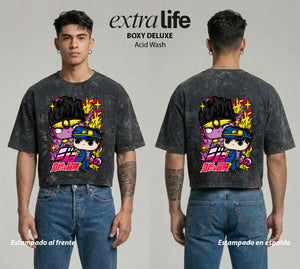 Playera streetwear premium de anime y gaming ExtraLife MX, corte boxy deluxe mineral wash heavyweight en color Acid Wash, moda urbana mexicana de culto.