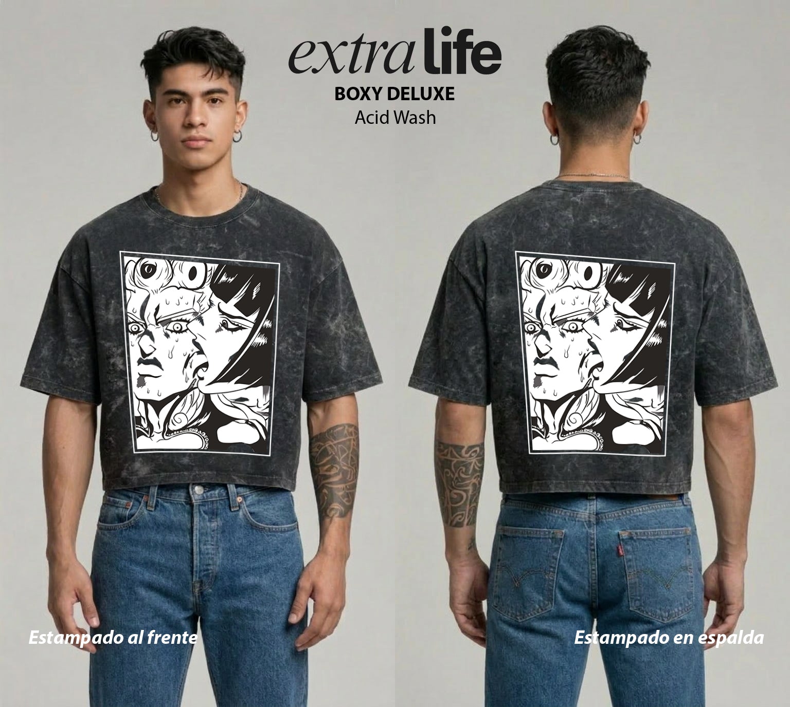 Playera streetwear premium de anime y gaming ExtraLife MX, corte boxy deluxe mineral wash heavyweight en color Acid Wash, moda urbana mexicana de culto.