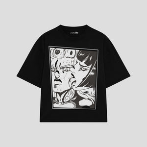 Playera streetwear premium de anime y gaming ExtraLife MX, corte boxy oversized drop shoulder heavyweight en color Deep Black y Off-White, moda urbana mexicana de culto.