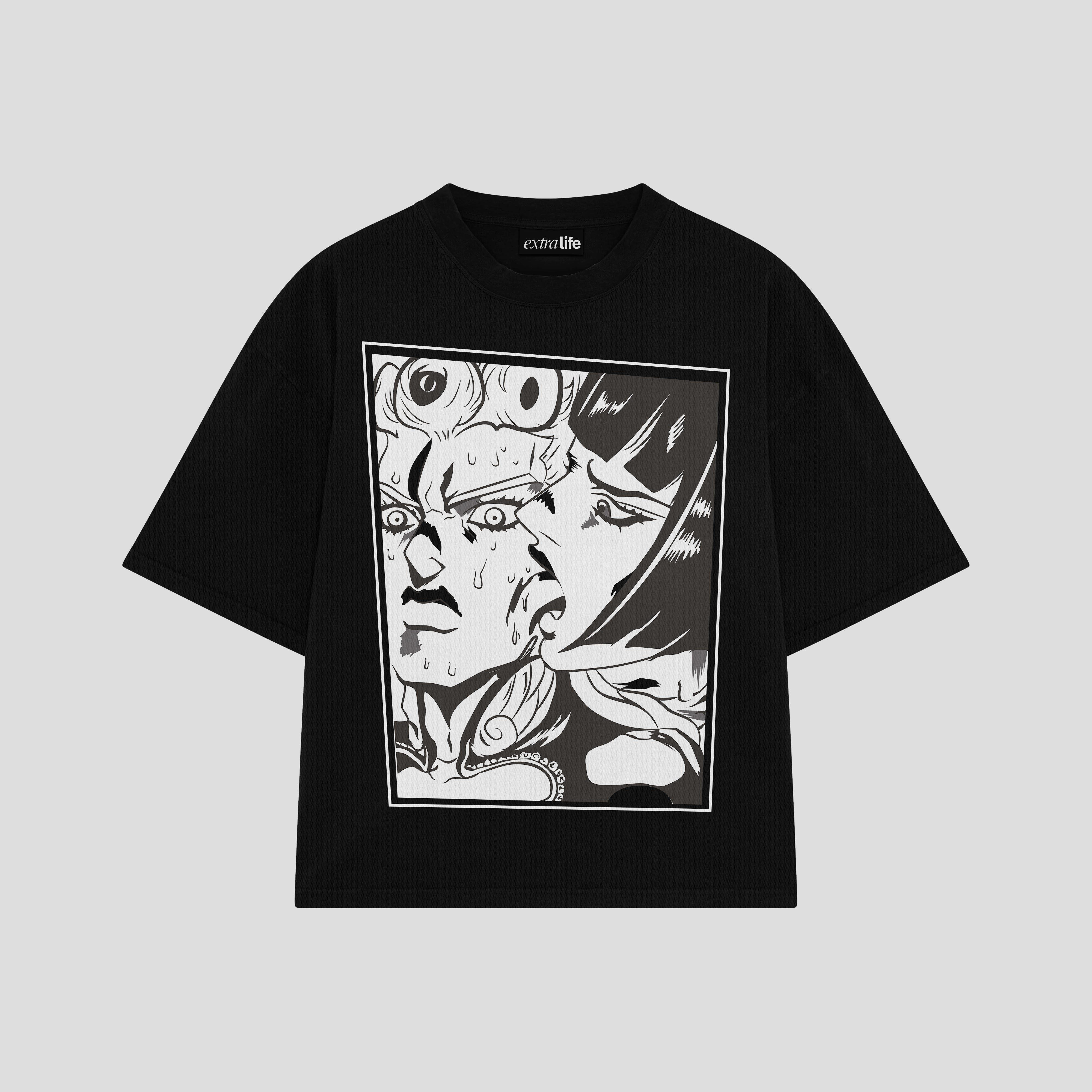 Playera streetwear premium de anime y gaming ExtraLife MX, corte boxy oversized drop shoulder heavyweight en color Deep Black y Off-White, moda urbana mexicana de culto.