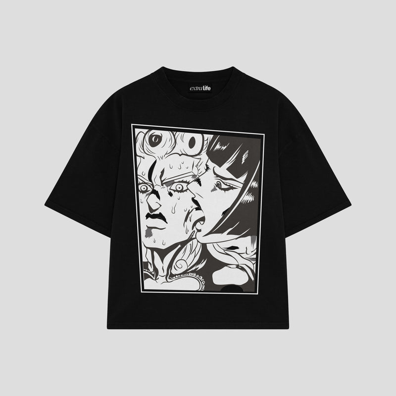 Playera streetwear premium de anime y gaming ExtraLife MX, corte boxy oversized drop shoulder heavyweight en color Deep Black y Off-White, moda urbana mexicana de culto.