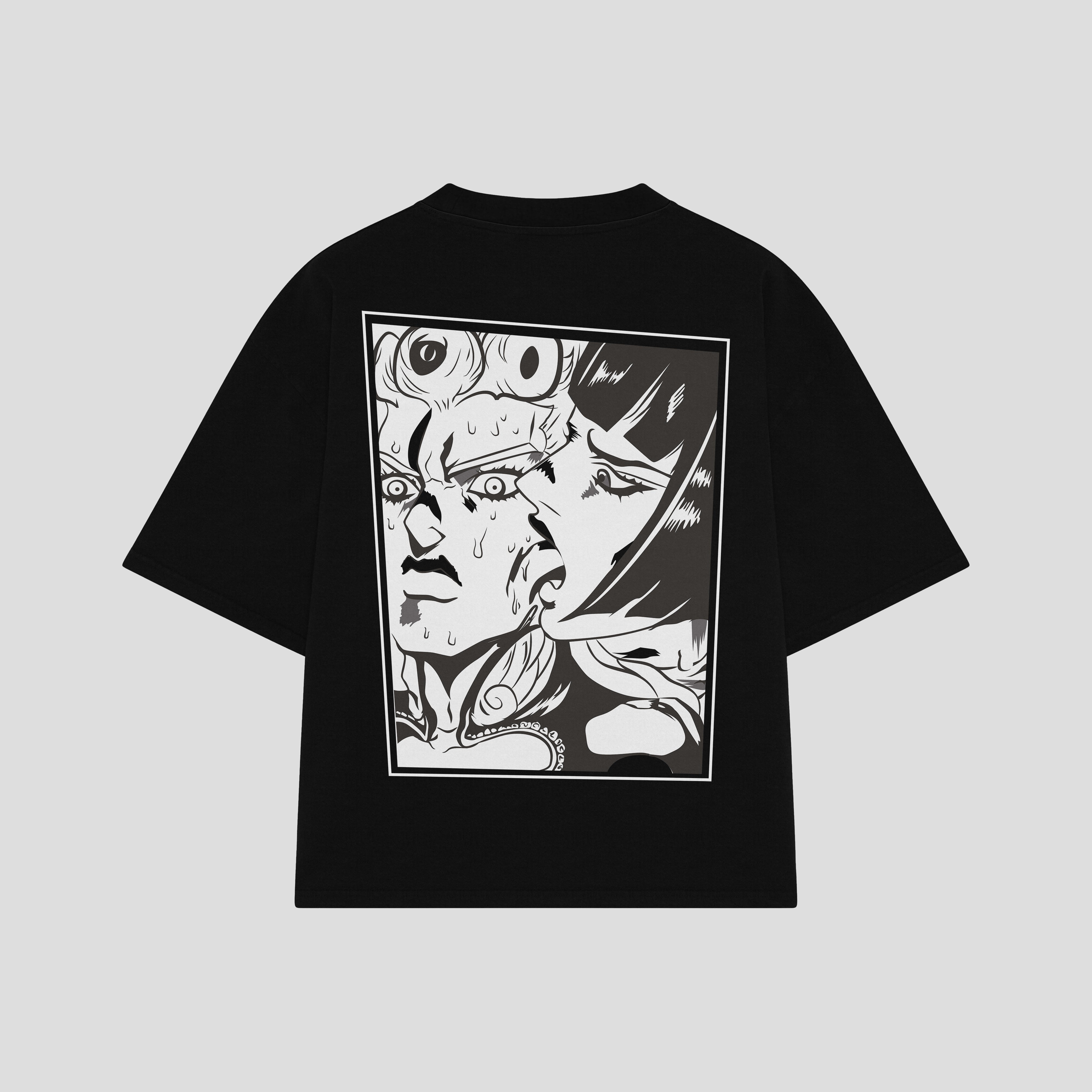Playera streetwear premium de anime y gaming ExtraLife MX, corte boxy oversized drop shoulder heavyweight en color Deep Black y Off-White, moda urbana mexicana de culto.