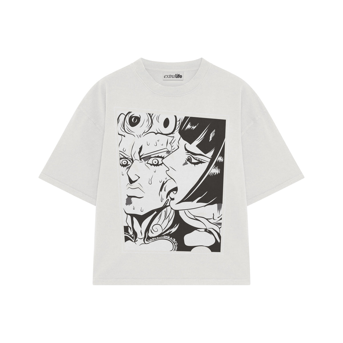 Playera streetwear premium de anime y gaming ExtraLife MX, corte oversized drop shoulder ligero y fresco en color Deep Black y Off-White, moda urbana mexicana de culto.