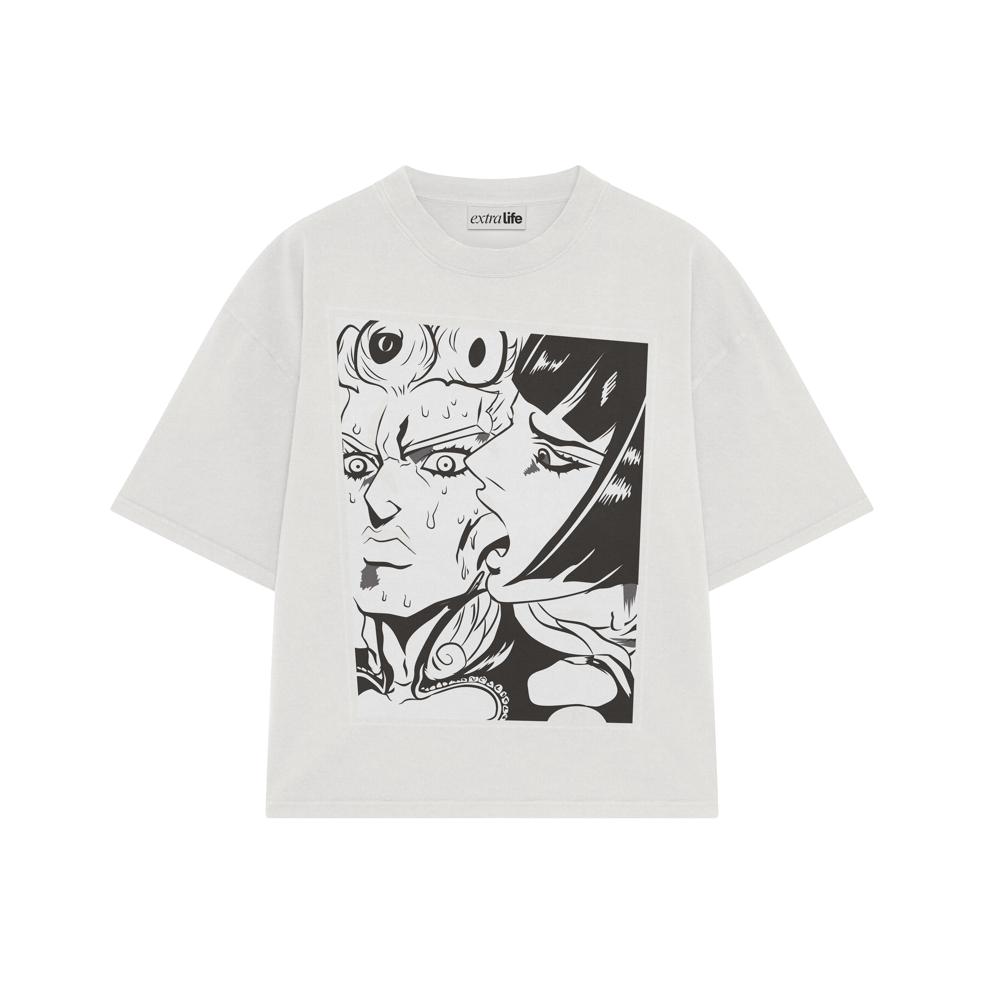 Playera streetwear premium de anime y gaming ExtraLife MX, corte boxy oversized drop shoulder heavyweight en color Deep Black y Off-White, moda urbana mexicana de culto.