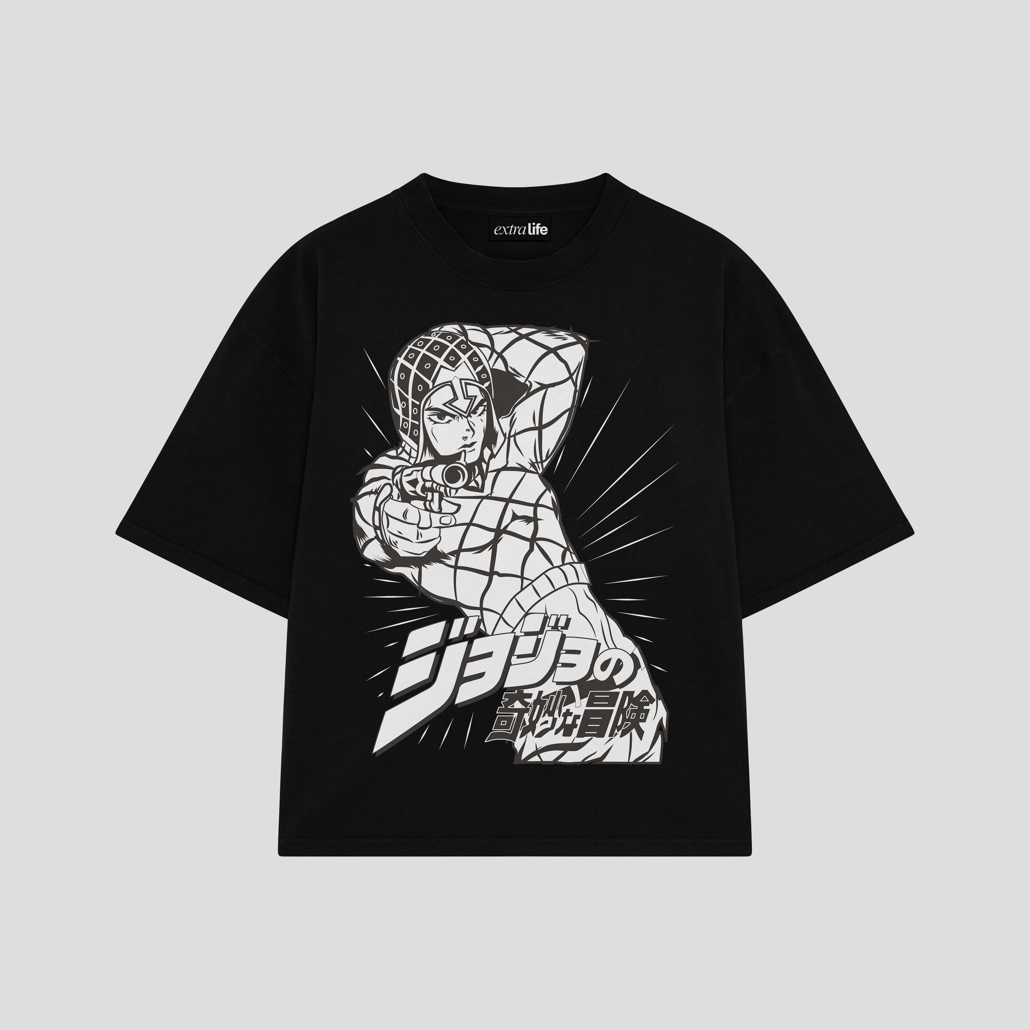 Playera streetwear premium de anime y gaming ExtraLife MX, corte boxy oversized drop shoulder heavyweight en color Deep Black y Off-White, moda urbana mexicana de culto.