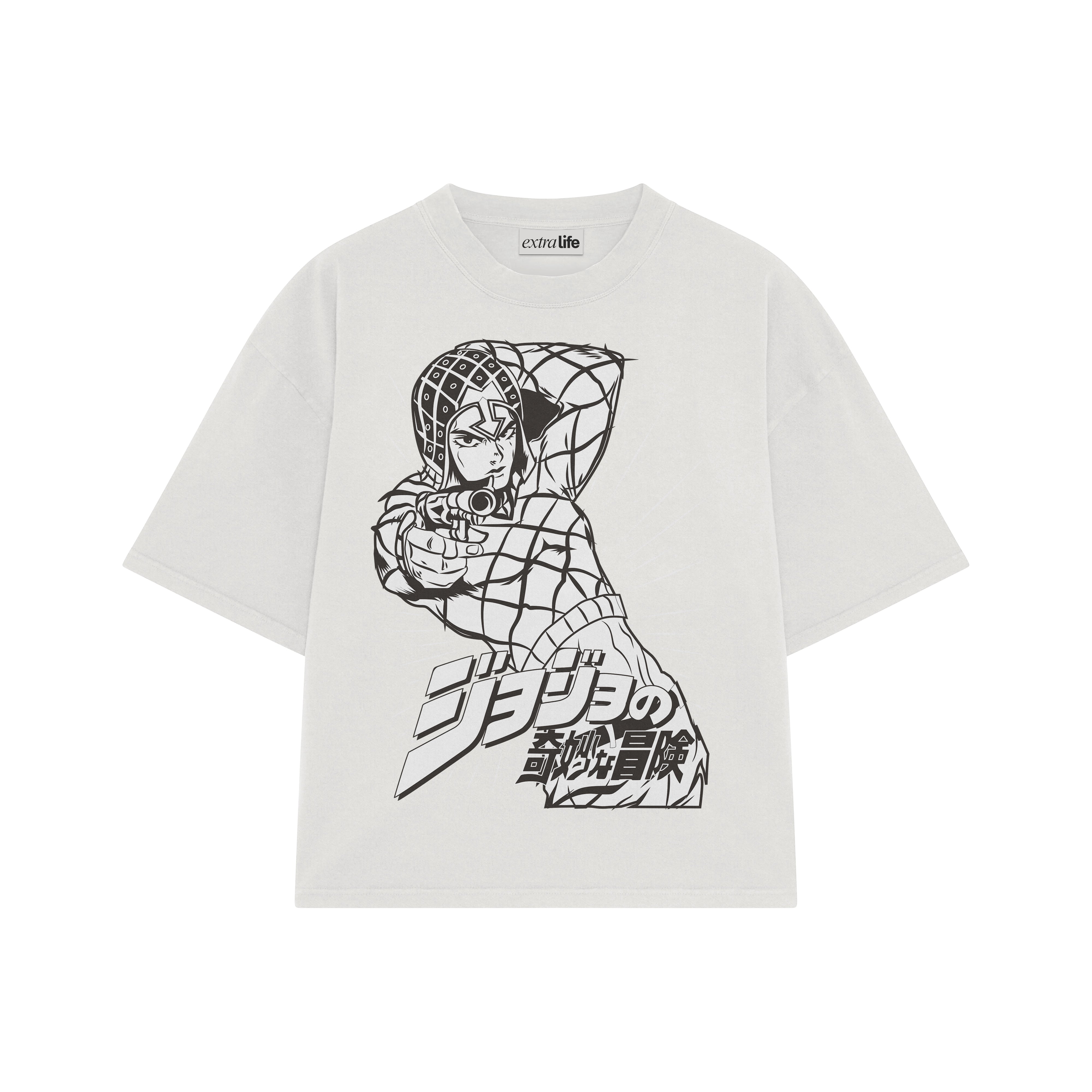 Playera streetwear premium de anime y gaming ExtraLife MX, corte boxy oversized drop shoulder heavyweight en color Deep Black y Off-White, moda urbana mexicana de culto.
