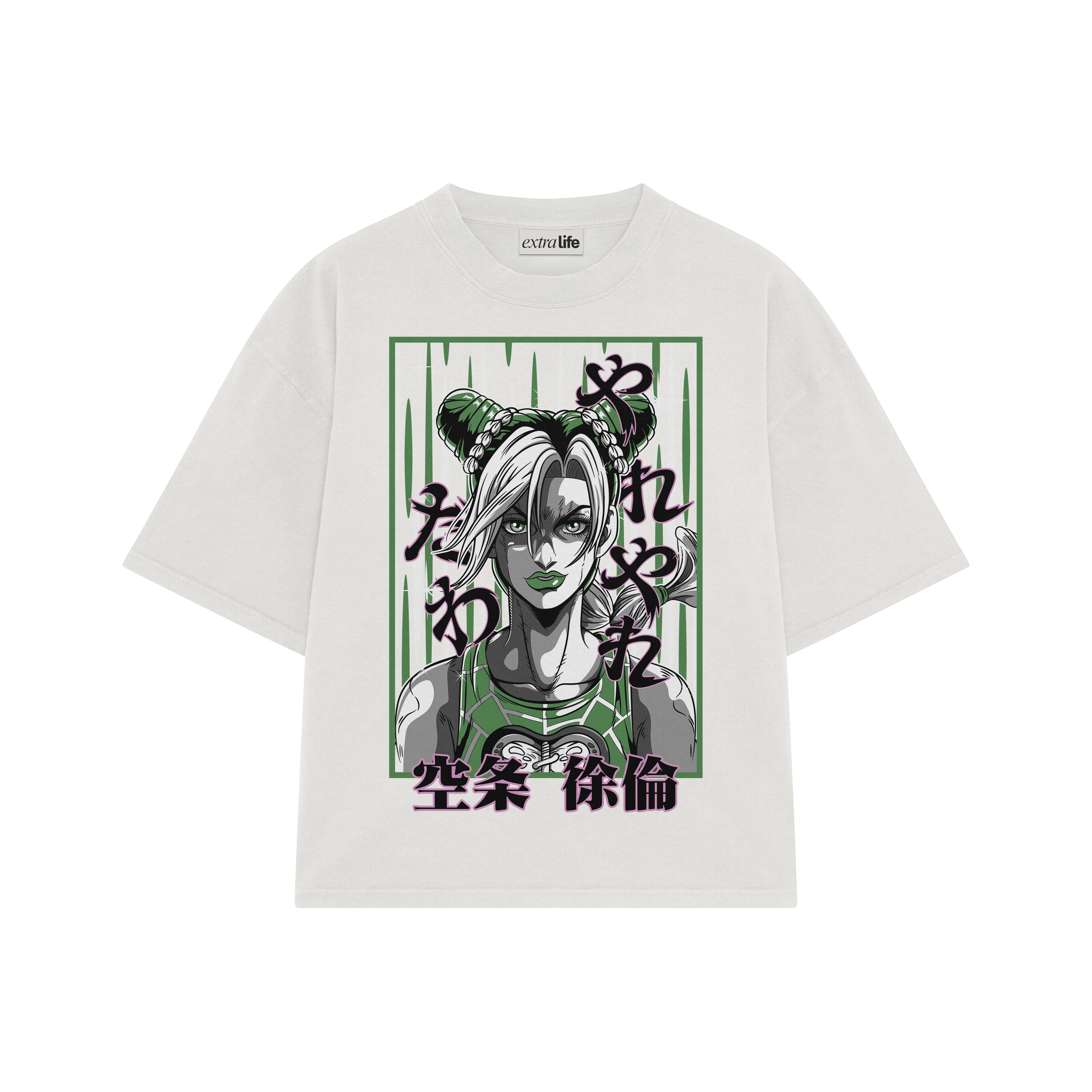 Playera streetwear premium de anime y gaming ExtraLife MX, corte boxy oversized drop shoulder heavyweight en color Deep Black y Off-White, moda urbana mexicana de culto.