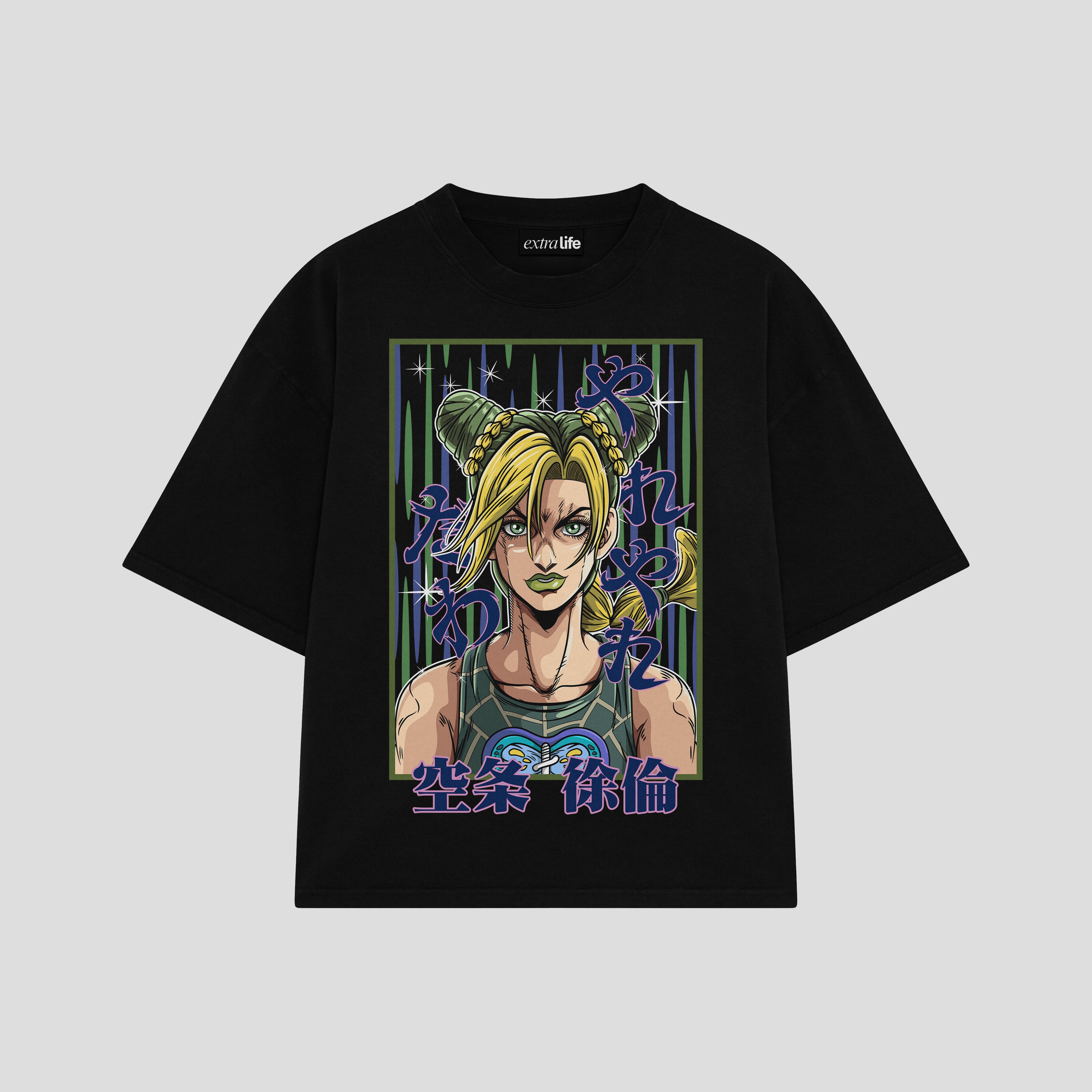 Playera streetwear premium de anime y gaming ExtraLife MX, corte boxy oversized drop shoulder heavyweight en color Deep Black y Off-White, moda urbana mexicana de culto.