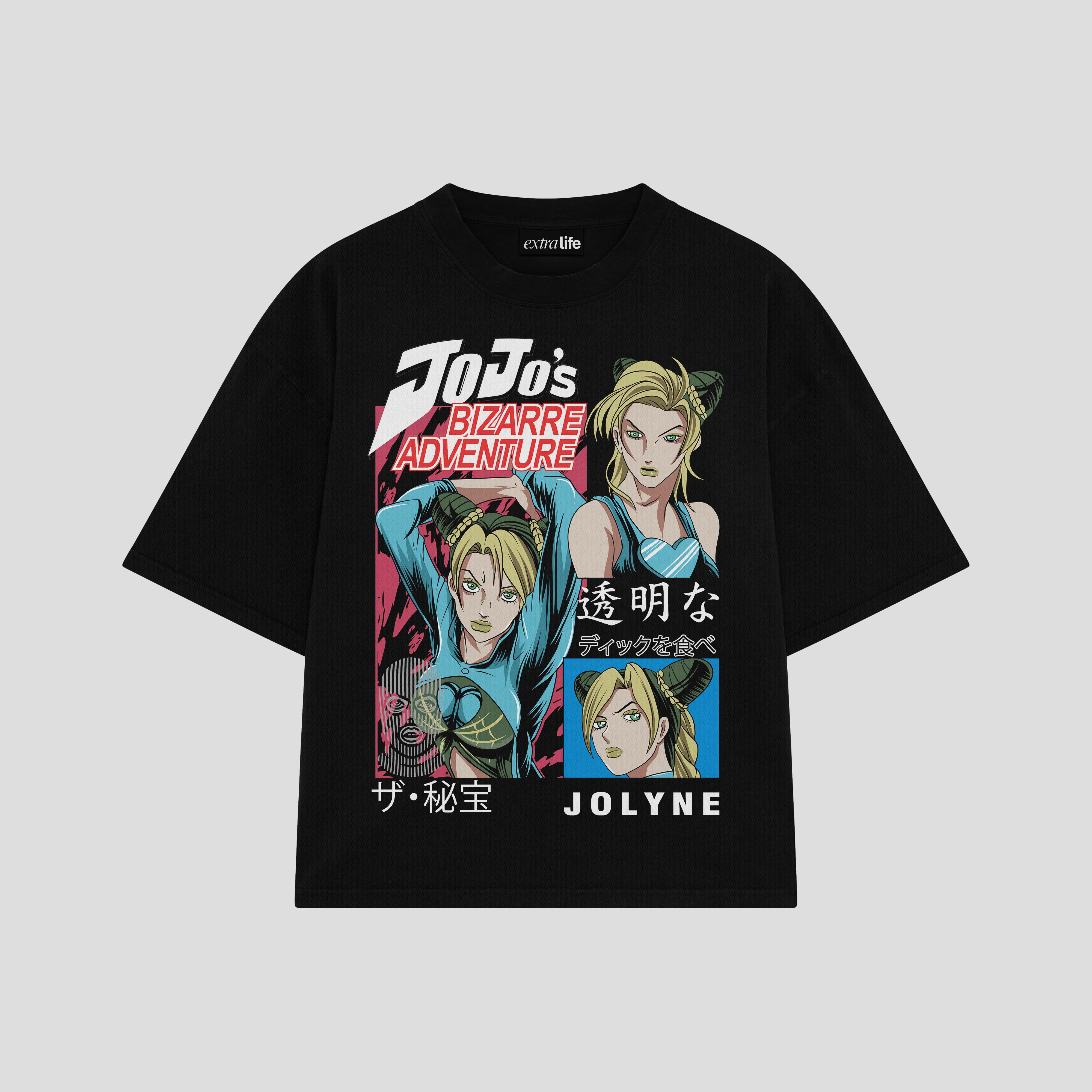 Playera streetwear premium de anime y gaming ExtraLife MX, corte boxy oversized drop shoulder heavyweight en color Deep Black y Off-White, moda urbana mexicana de culto.