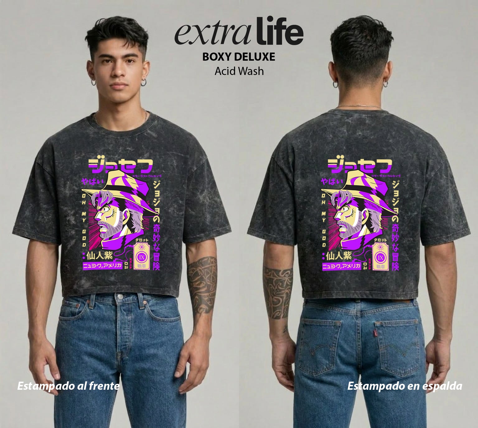 Playera streetwear premium de anime y gaming ExtraLife MX, corte boxy deluxe mineral wash heavyweight en color Acid Wash, moda urbana mexicana de culto.