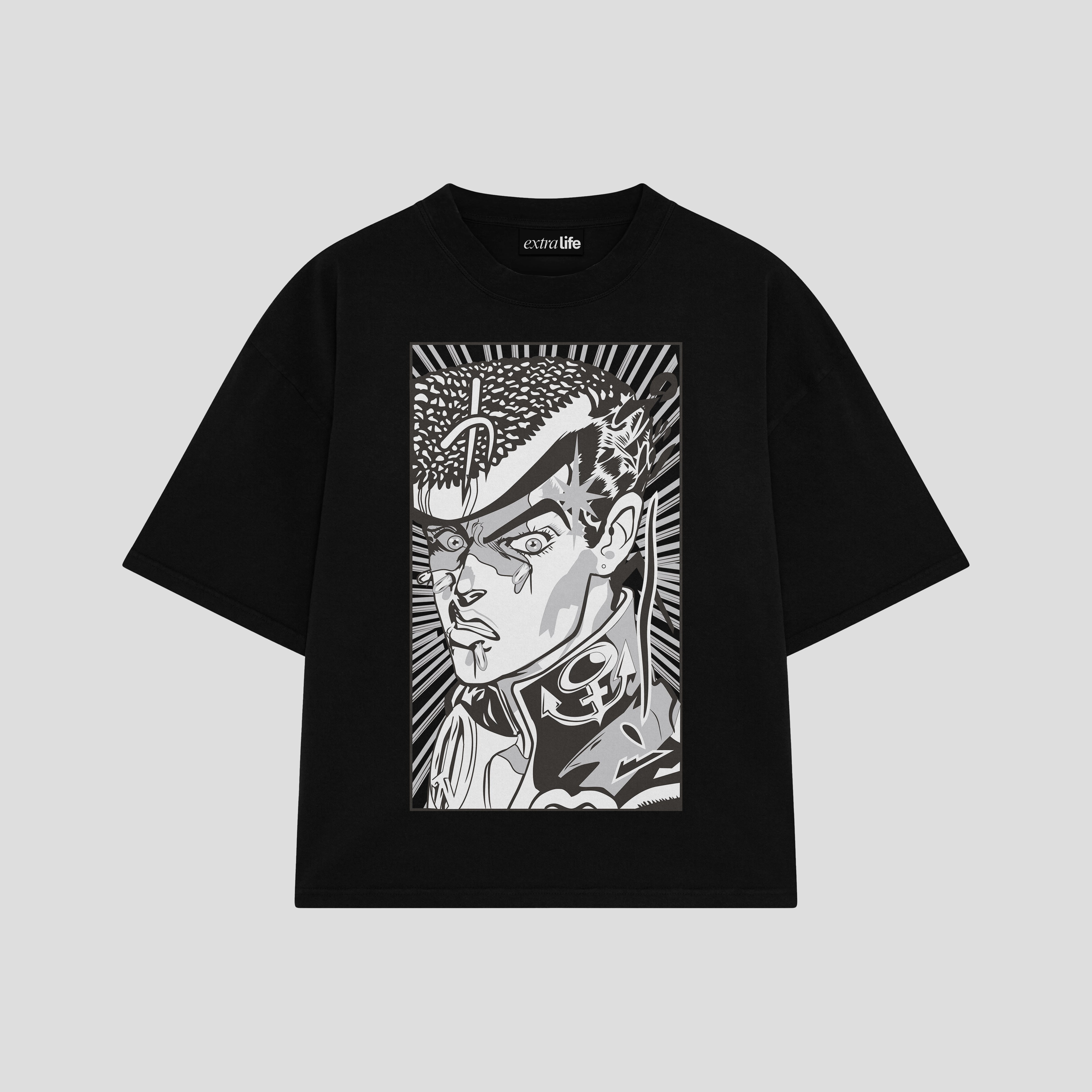 Playera streetwear premium de anime y gaming ExtraLife MX, corte boxy oversized drop shoulder heavyweight en color Deep Black y Off-White, moda urbana mexicana de culto.
