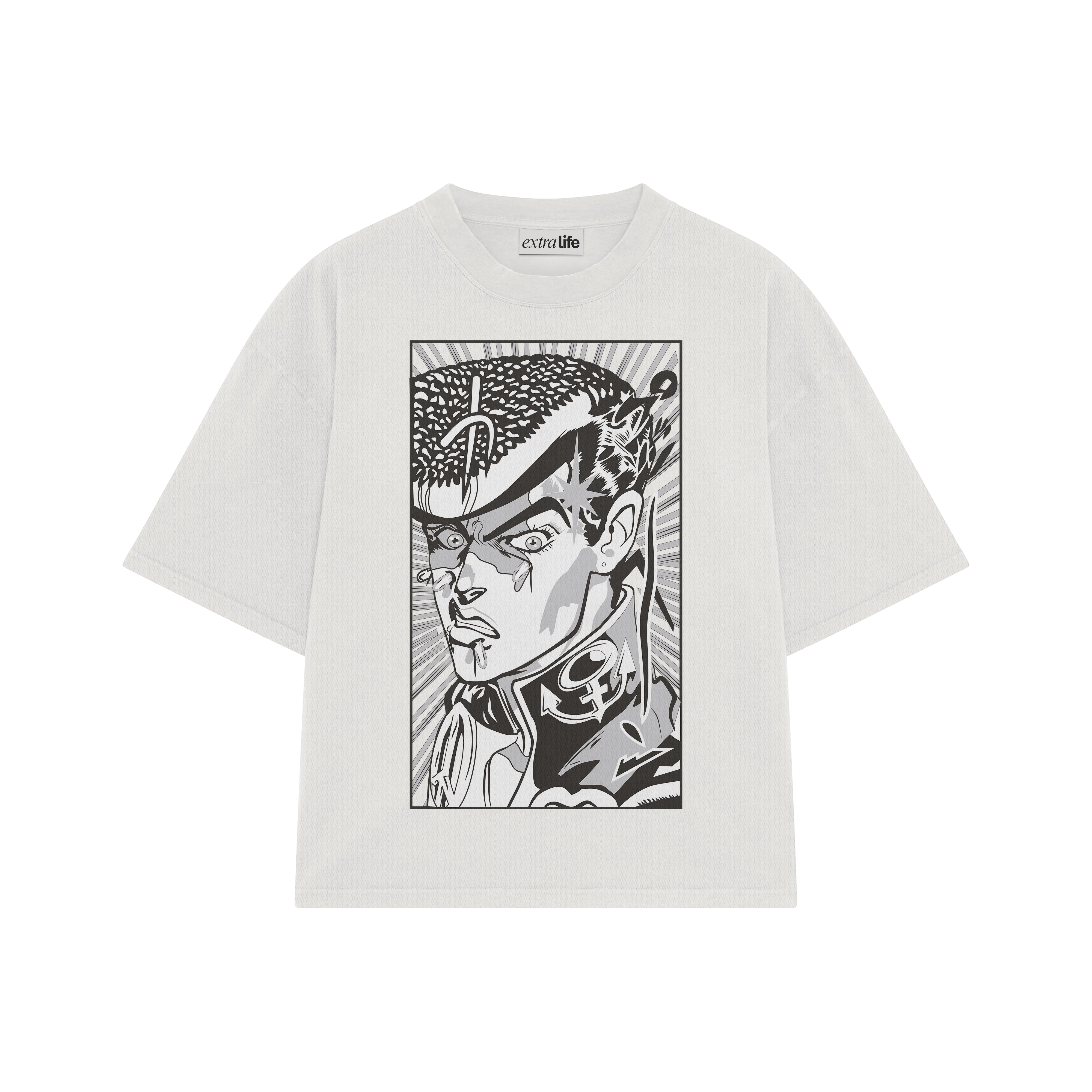 Playera streetwear premium de anime y gaming ExtraLife MX, corte boxy oversized drop shoulder heavyweight en color Deep Black y Off-White, moda urbana mexicana de culto.