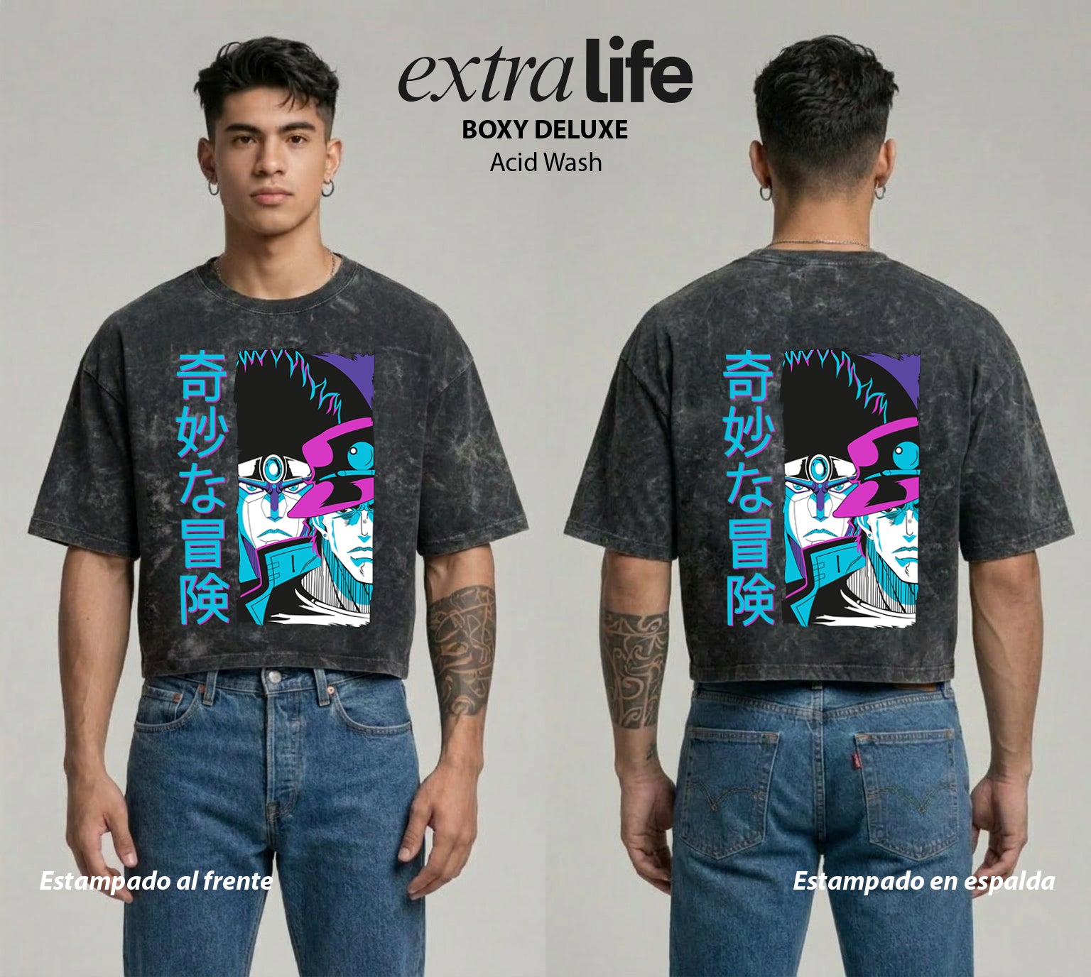 Playera streetwear premium de anime y gaming ExtraLife MX, corte boxy deluxe mineral wash heavyweight en color Acid Wash, moda urbana mexicana de culto.