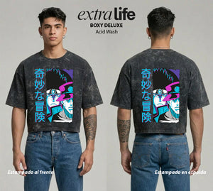 Playera streetwear premium de anime y gaming ExtraLife MX, corte boxy deluxe mineral wash heavyweight en color Acid Wash, moda urbana mexicana de culto.